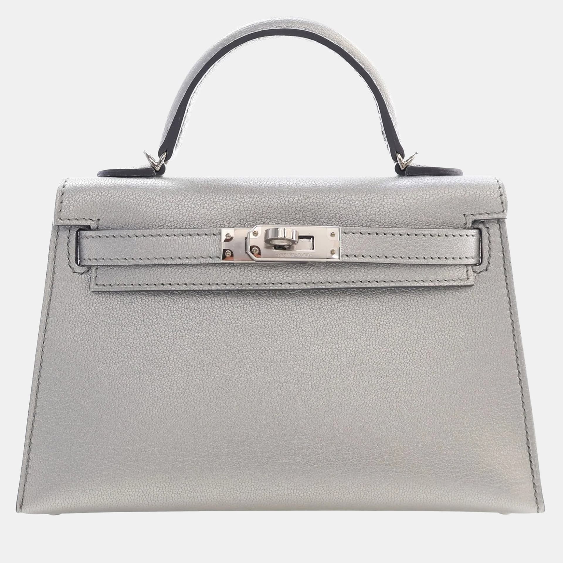 Hermes Kelly Sellier Mini Argent Metallic Chevre Chamkilight Goatskin Leather Top Handle Bag
