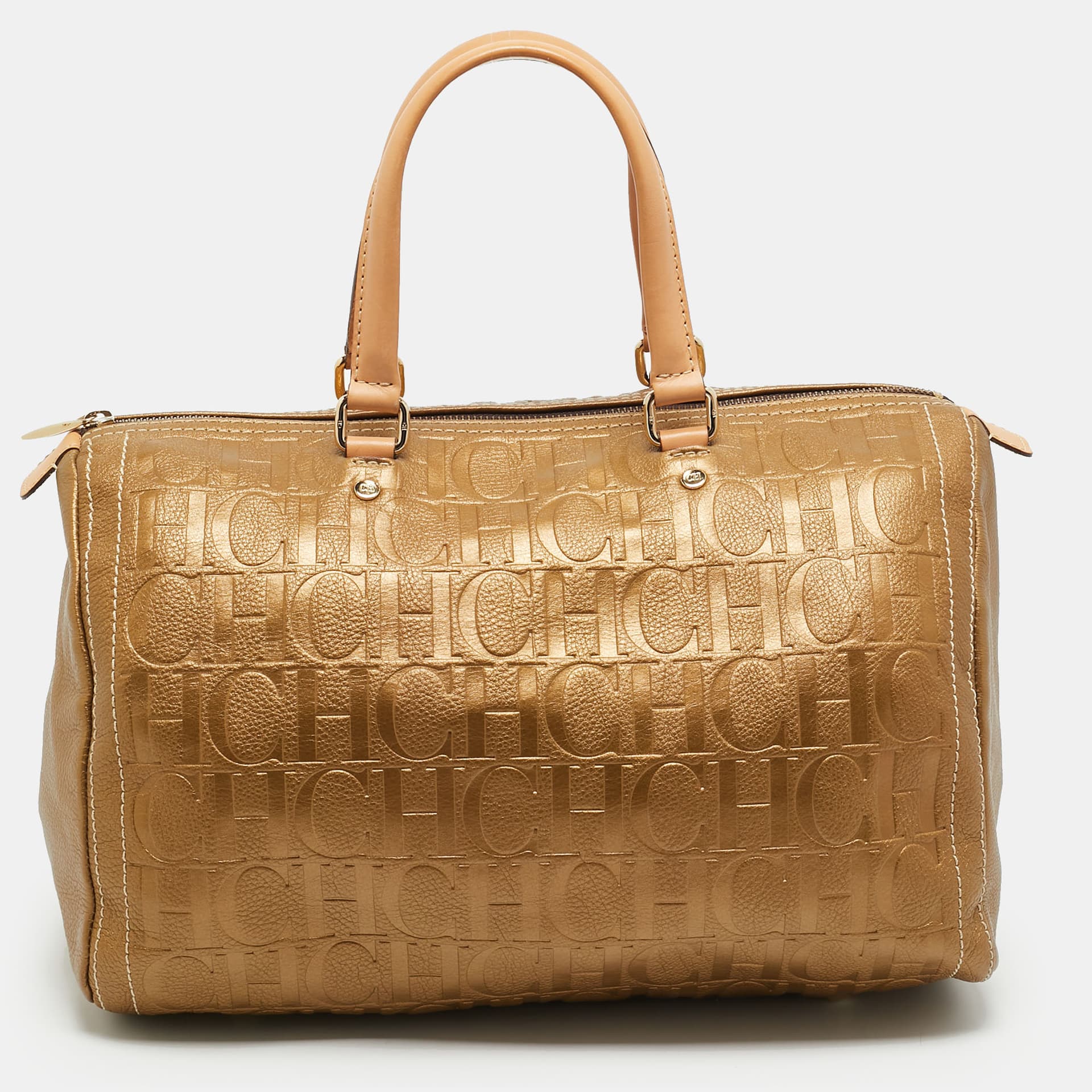 Carolina Herrera Andy Gold Monogram Embossed Leather Satchel