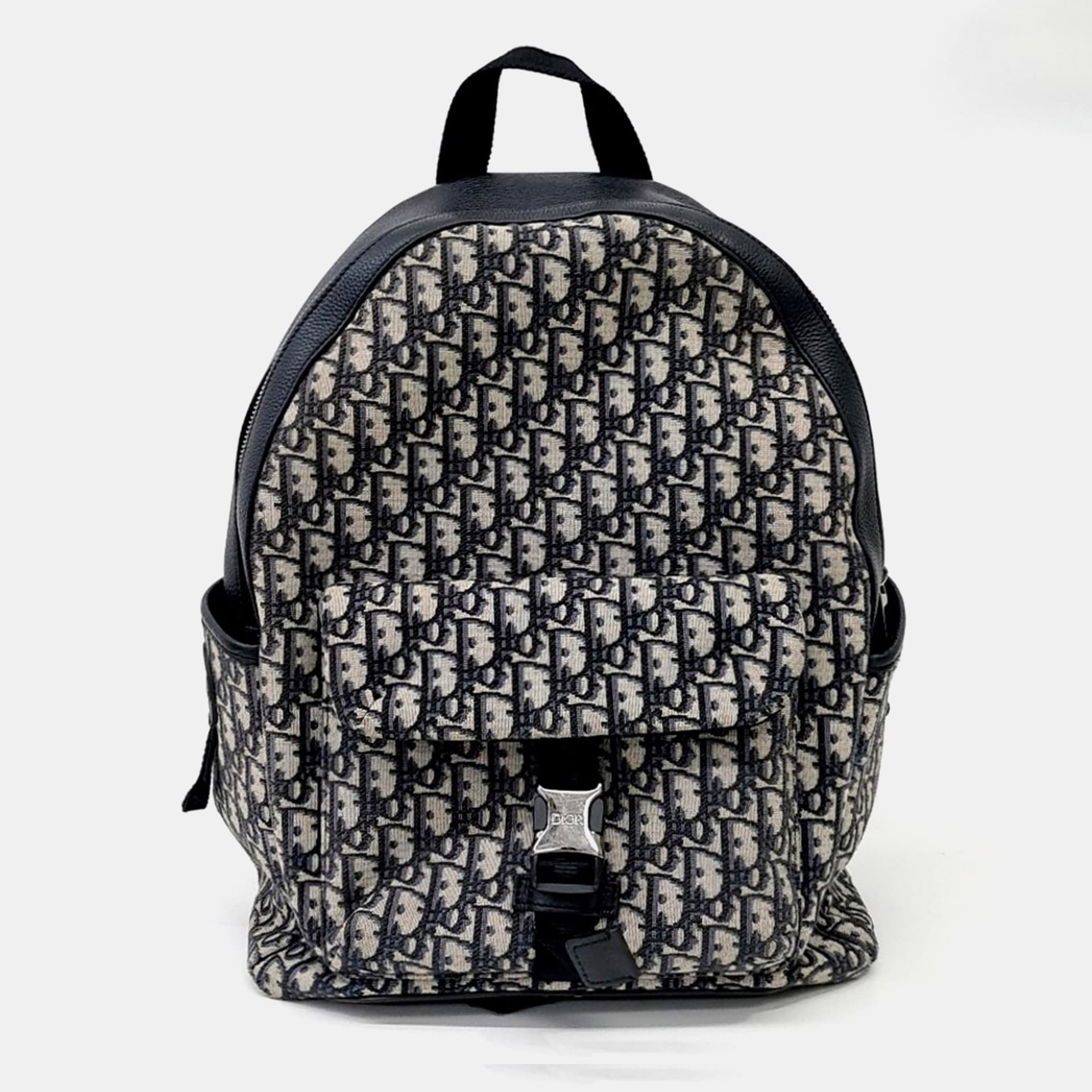 Dior Homme Oblique Backpack Black Blue Grained Calfskin Leather Oblique Canvas Backpack Bag