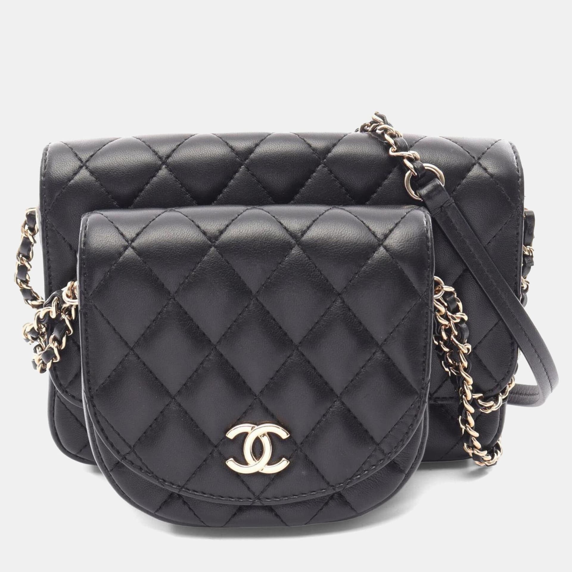 Chanel Side Pack Matelasse Small Black Lambskin Leather Messenger Bag