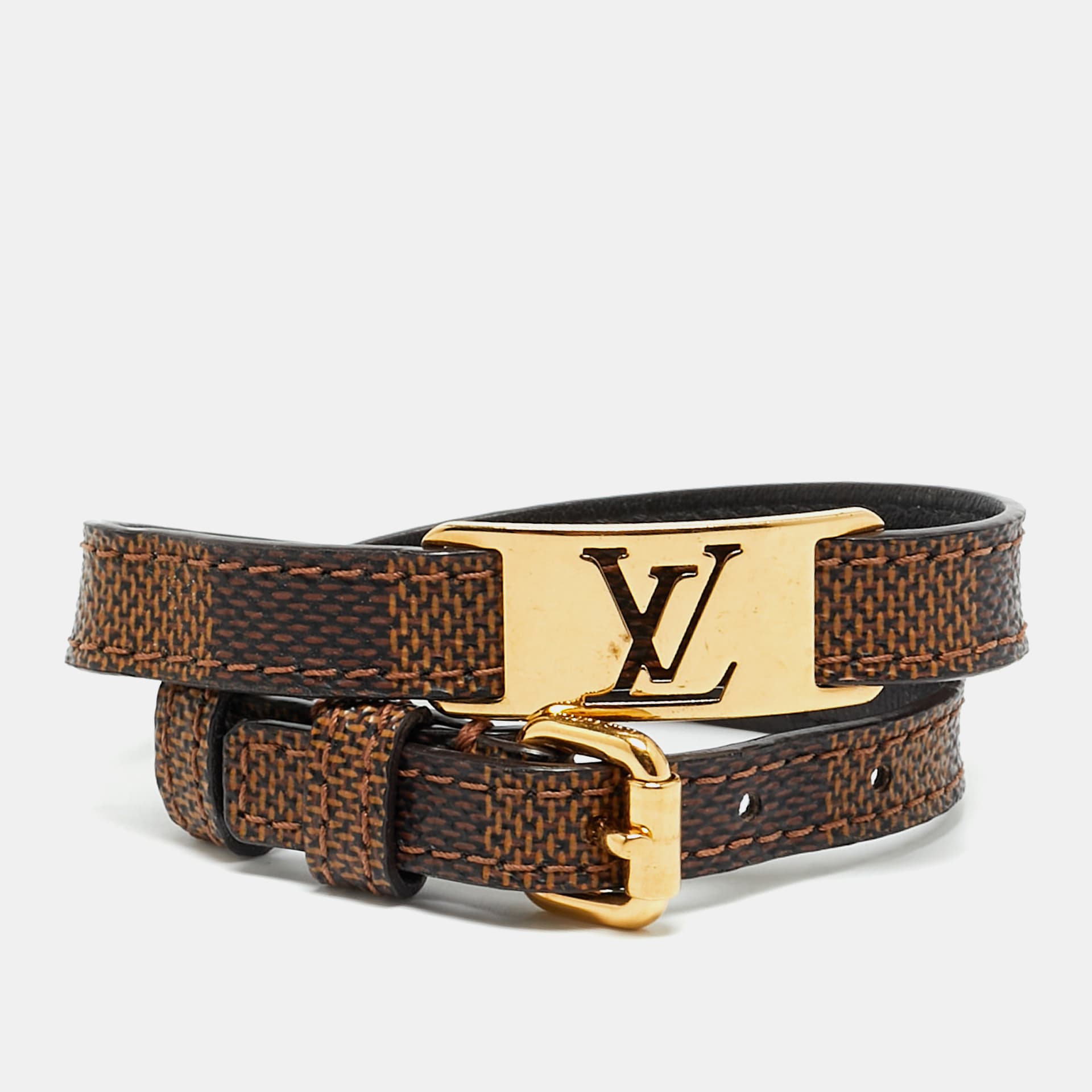 Louis Vuitton Sign It Damier Ebene Canvas Gold Tone Double Wrap Bracelet