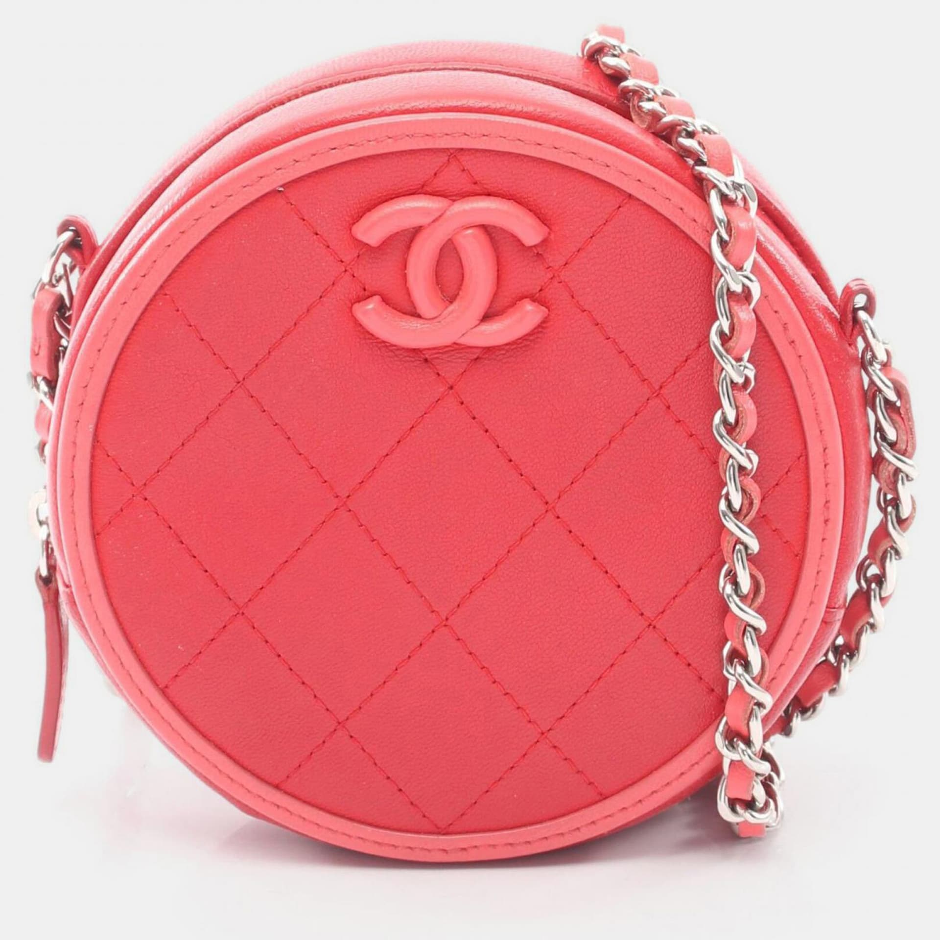 Chanel CC Logo Round Mini Red Pink Lambskin Leather Crossbody Bag