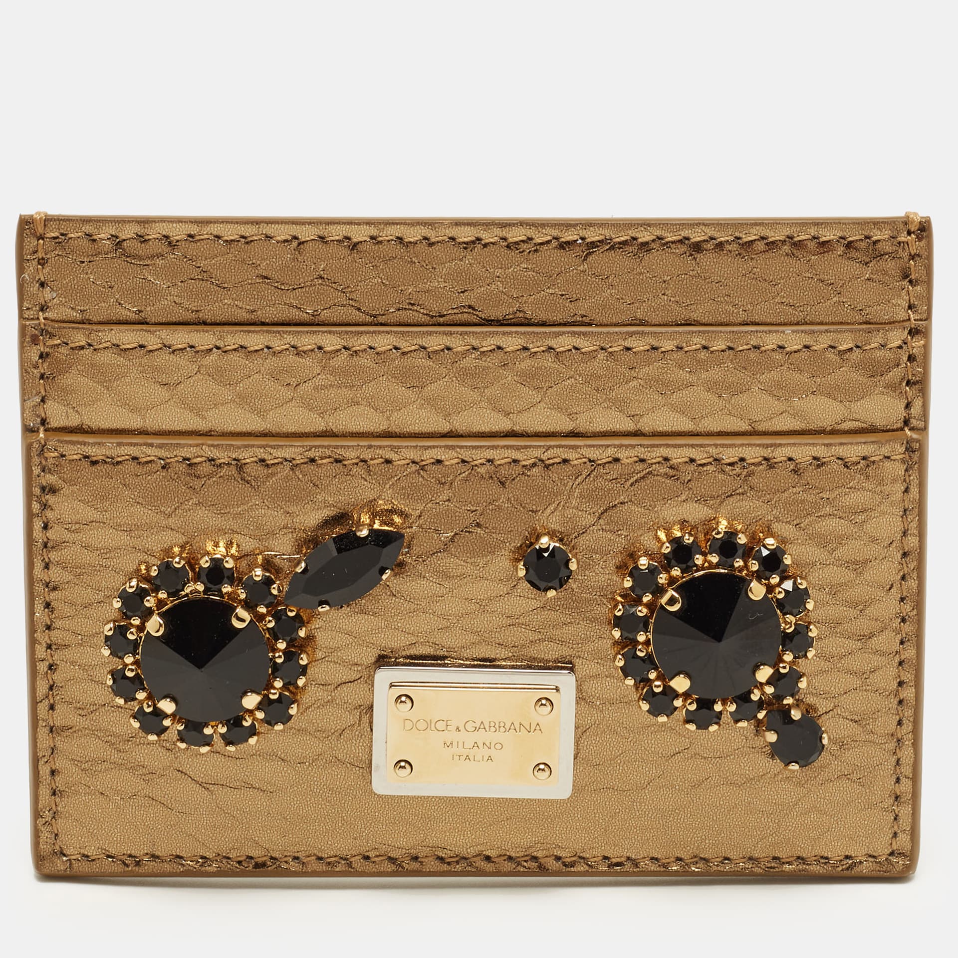 Dolce & Gabbana Crystal Embellished Gold Snakeskin Embossed Leather Card Holder