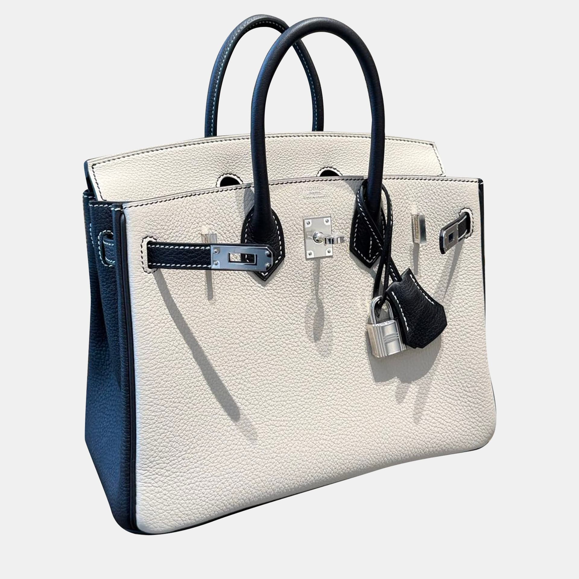 Hermes Birkin 25 Craie Black Togo Calfskin Leather Top Handle Bag