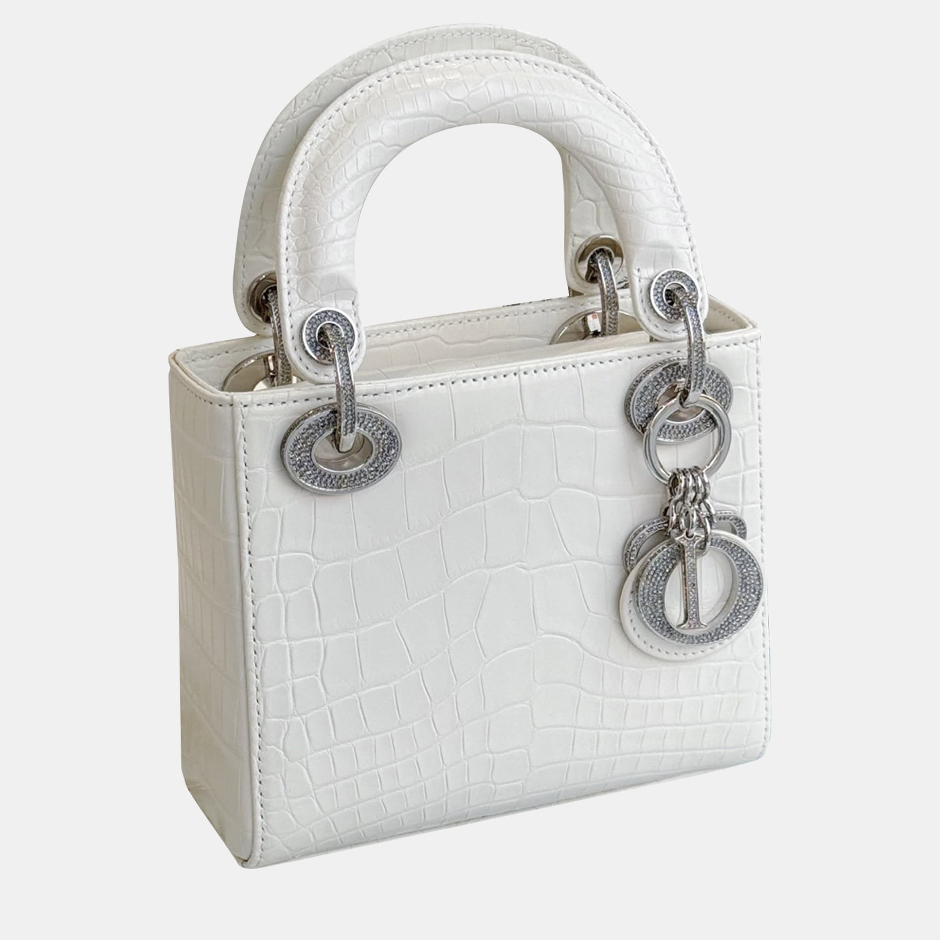 Dior Lady Dior Mini White Crocodile Leather Top Handle Bag