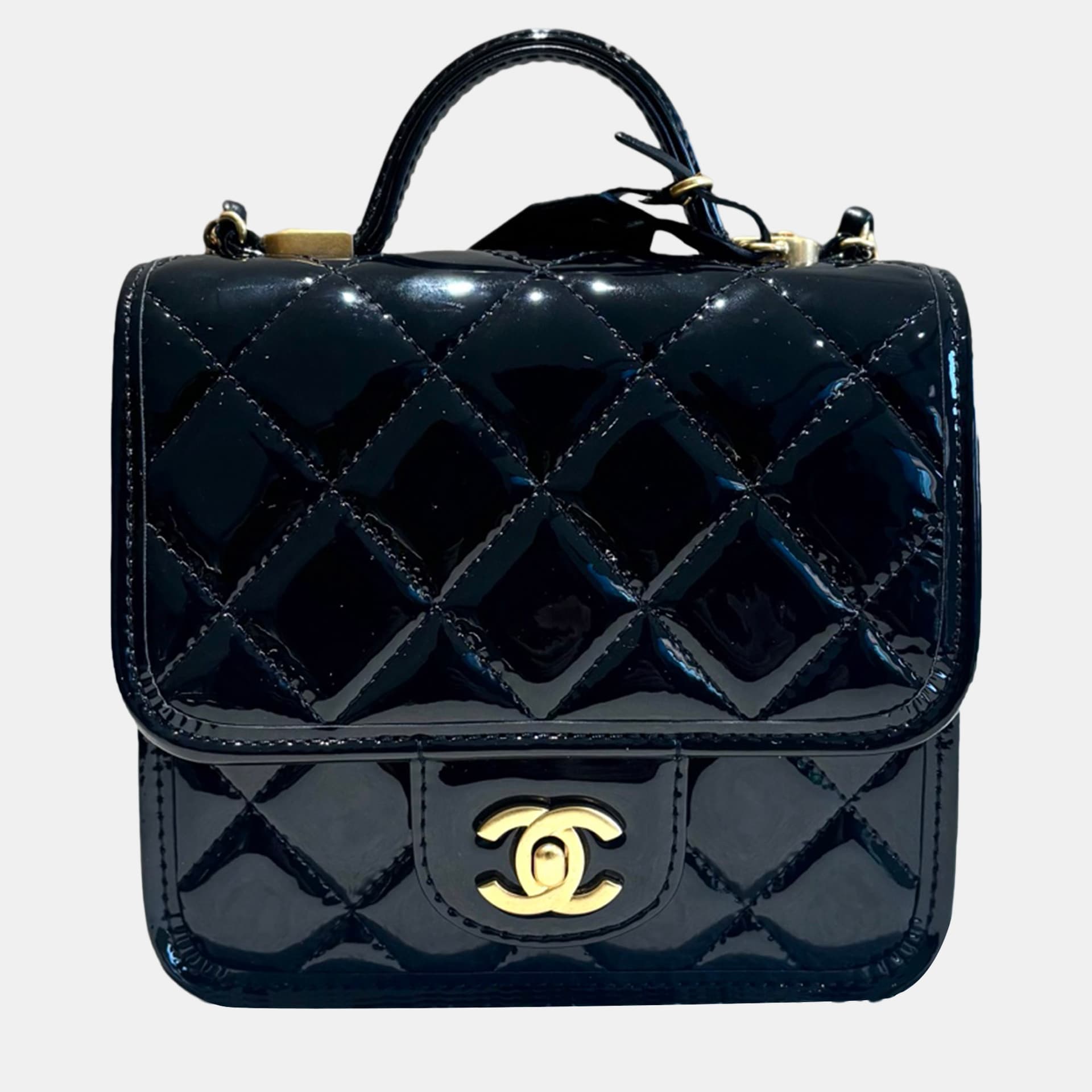 Chanel Mini Flap Black Patent Leather Top Handle Bag