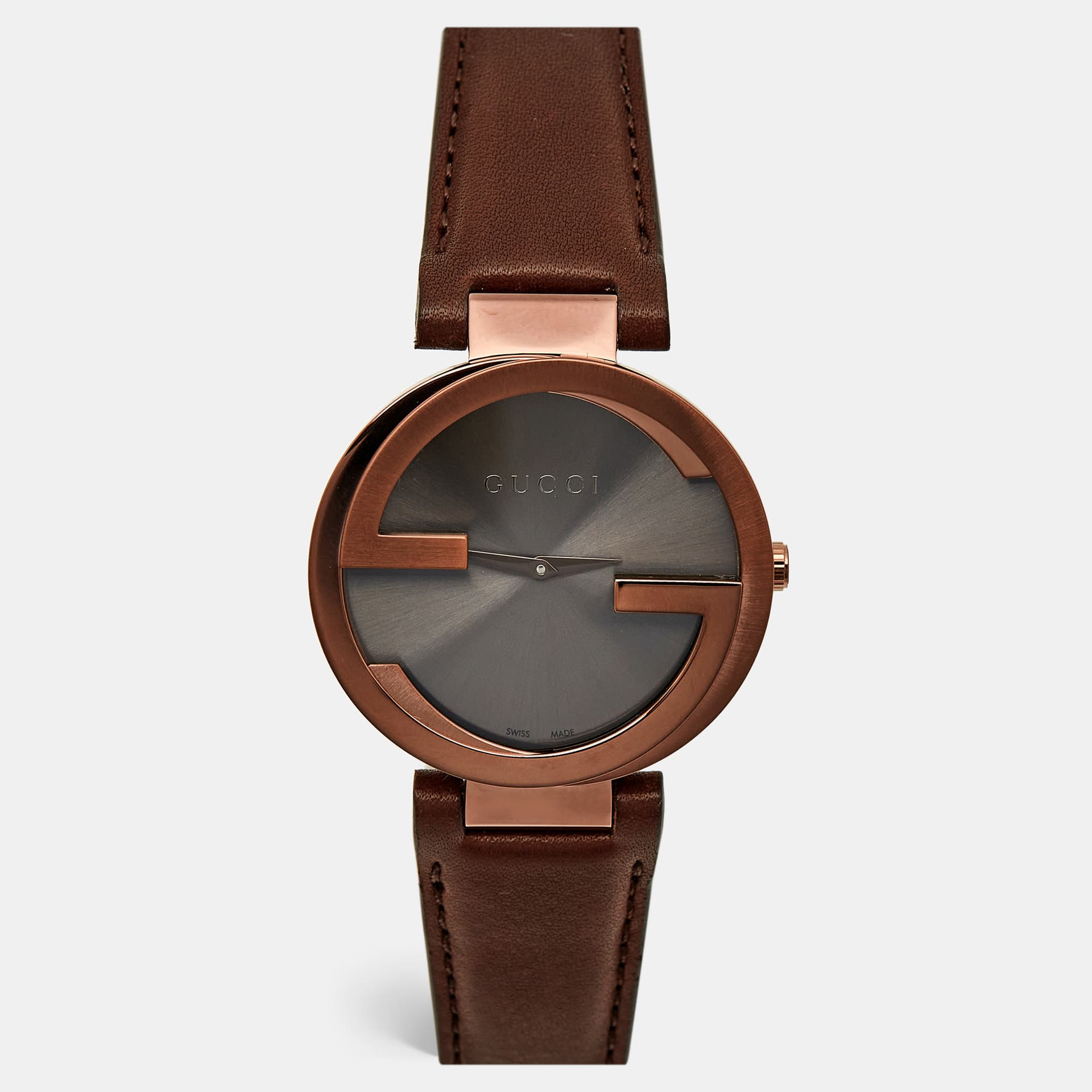 Gucci Interlocking G YA133309 Slate Grey Dial PVD Coated Stainless Steel Calf Leather Women's Wristwatch 37 mm