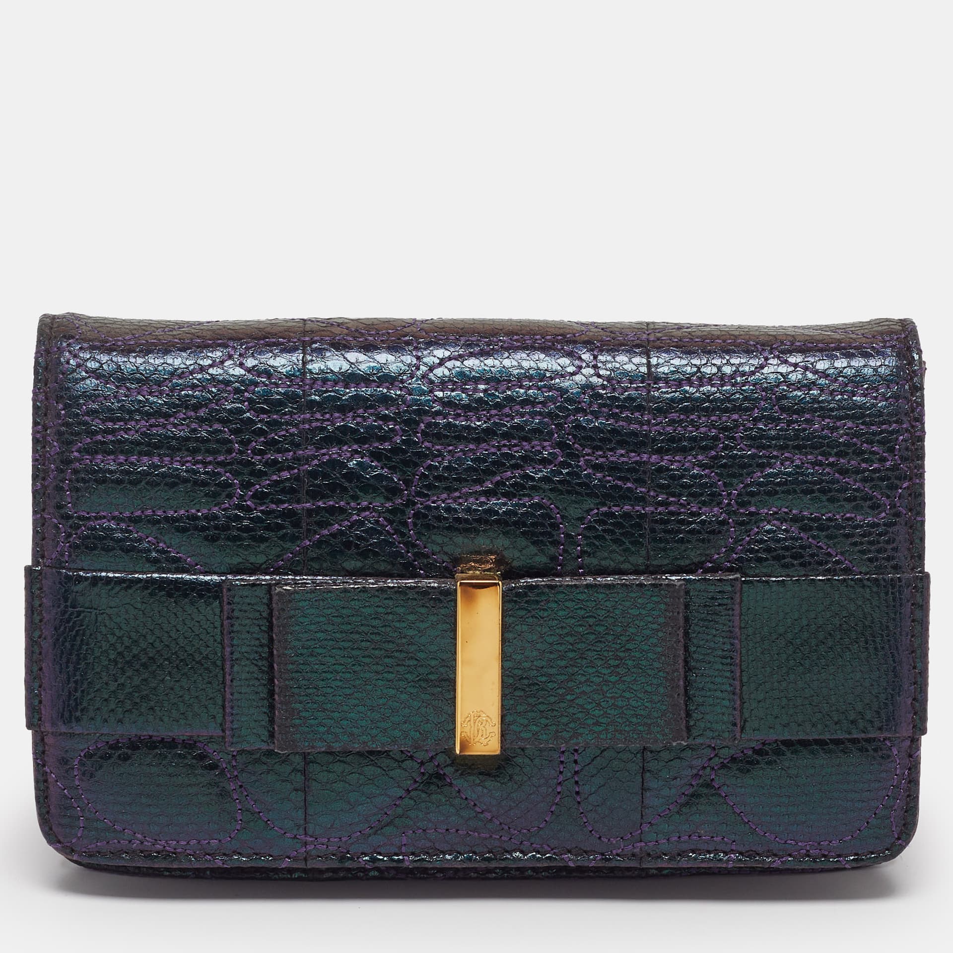 Roberto Cavalli Bow Flap Iridescent Purple Karung Leather Clutch