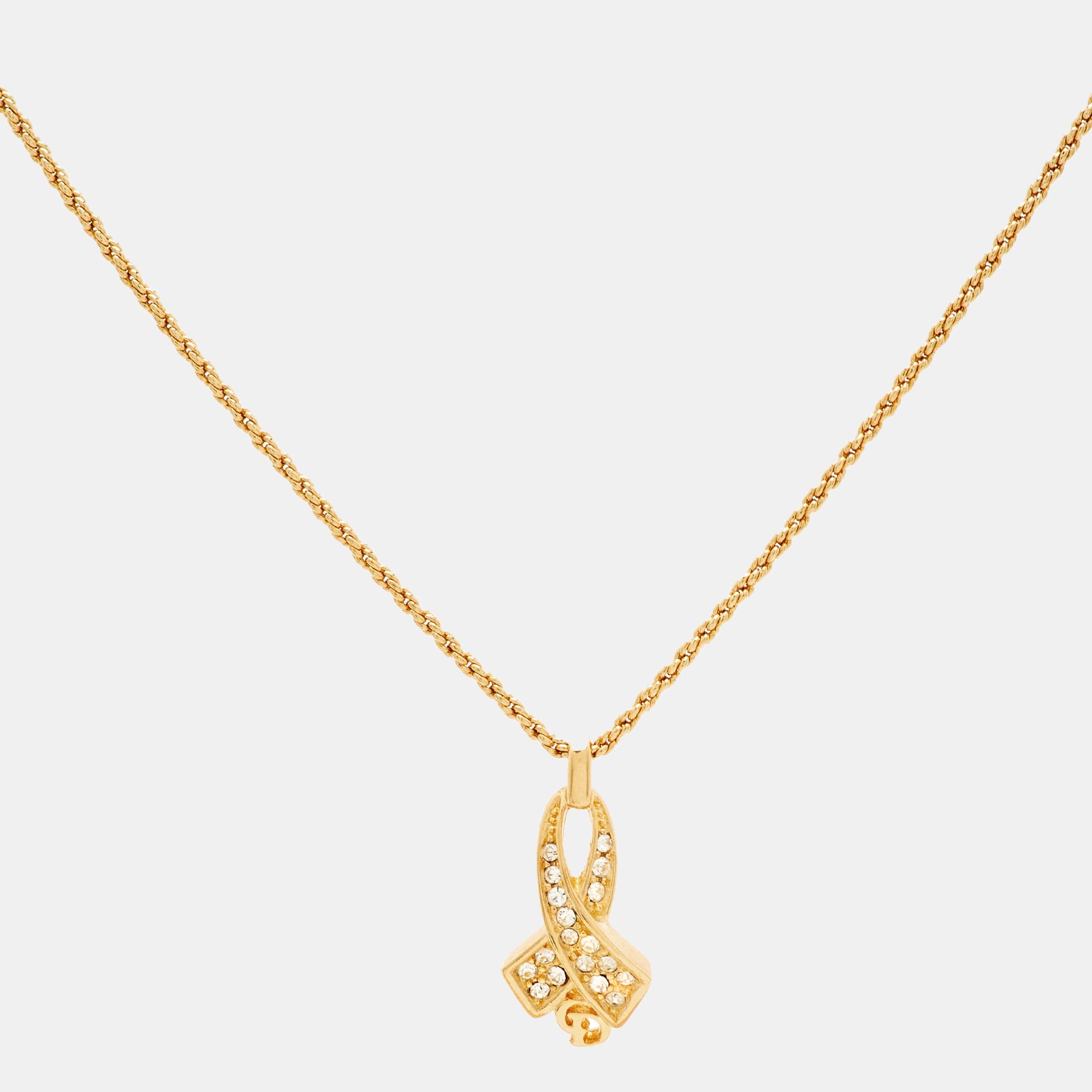 Dior Crystal Ribbon CD Gold Tone Pendant Necklace