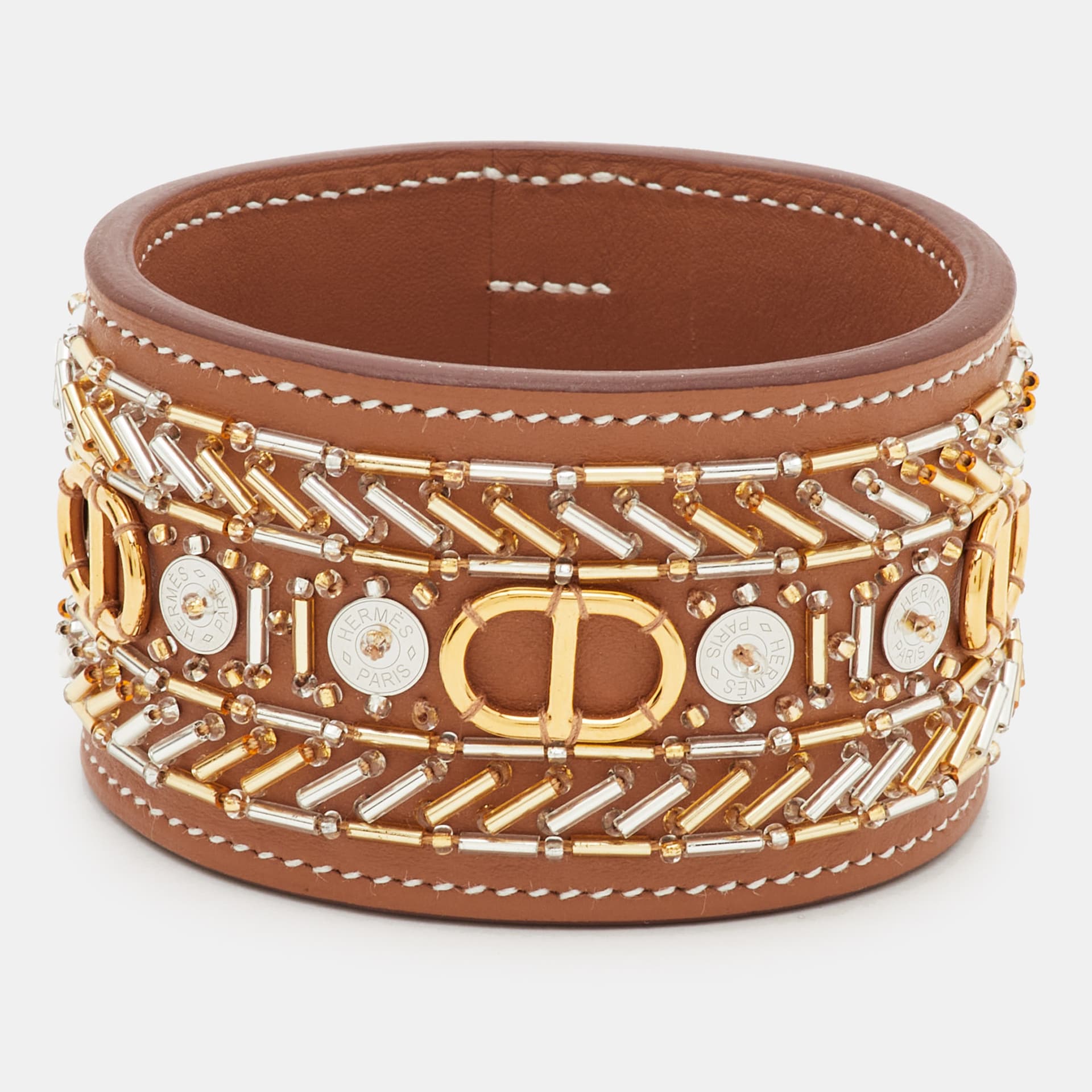 Herm&egrave;s Beads Leather Gold Tone Bangle Bracelet