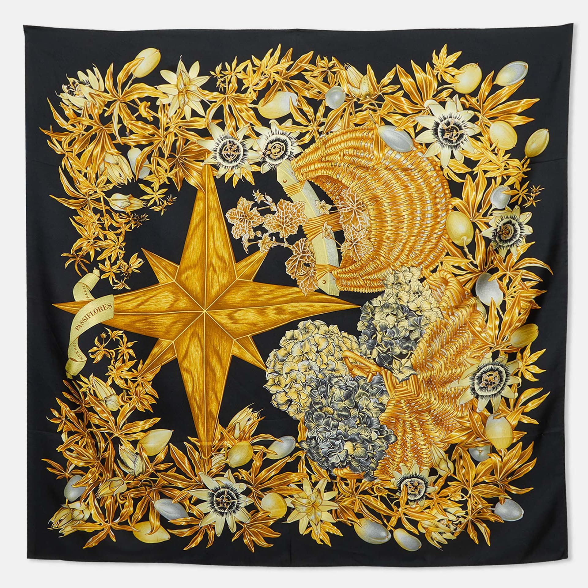 Herm&egrave;s Black Passiflores Silk Scarf