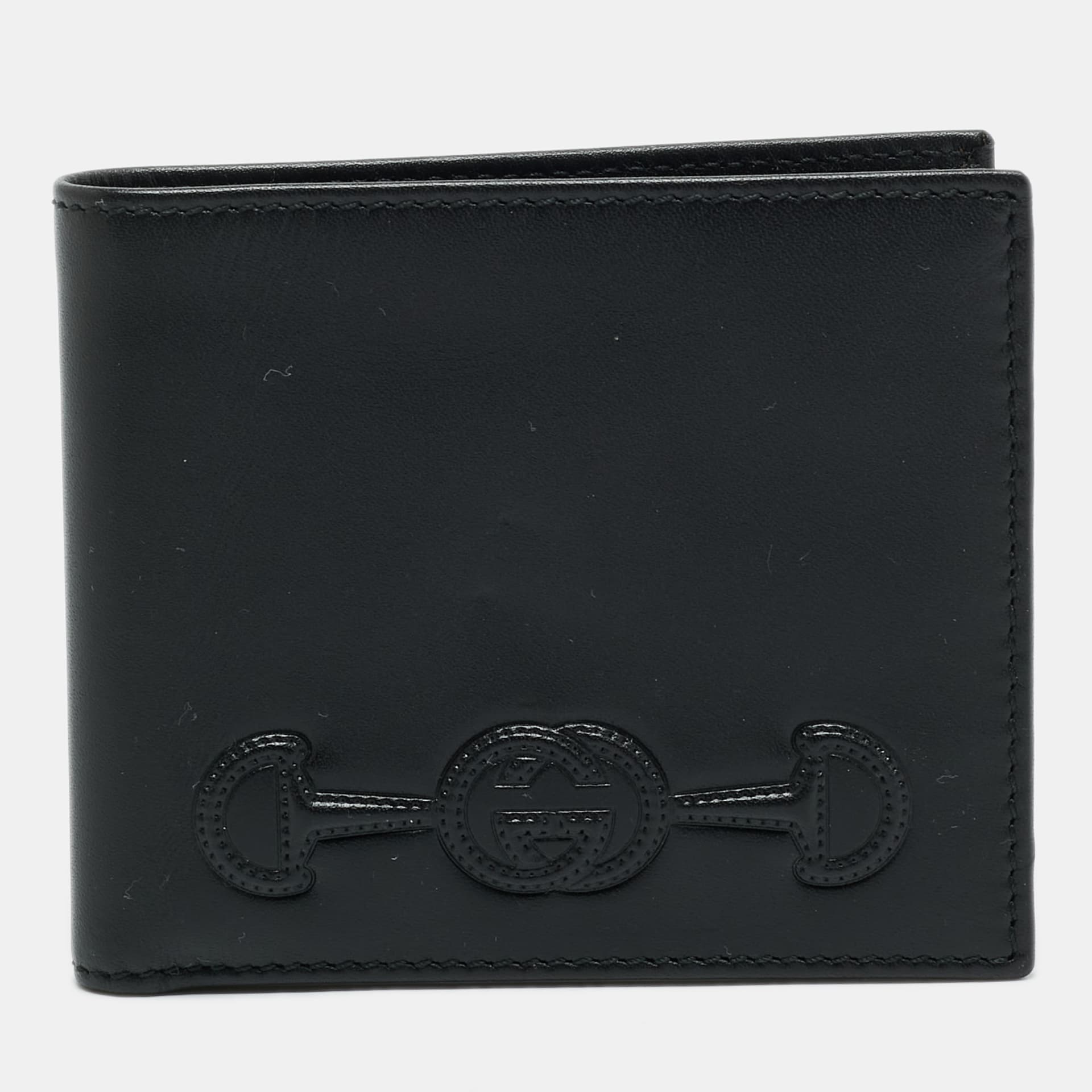 Gucci Interlocking G Horsebit Embossed Black Leather Bifold Wallet