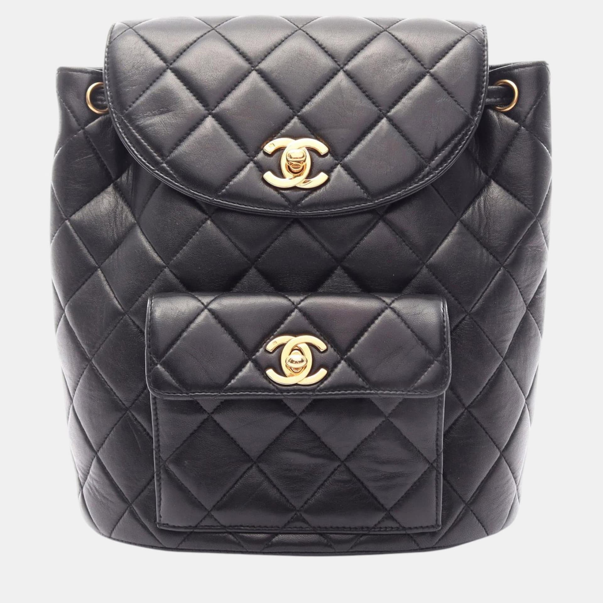 Chanel Duma Medium Black Quilted Lambskin Leather Drawstring Backpack Bag