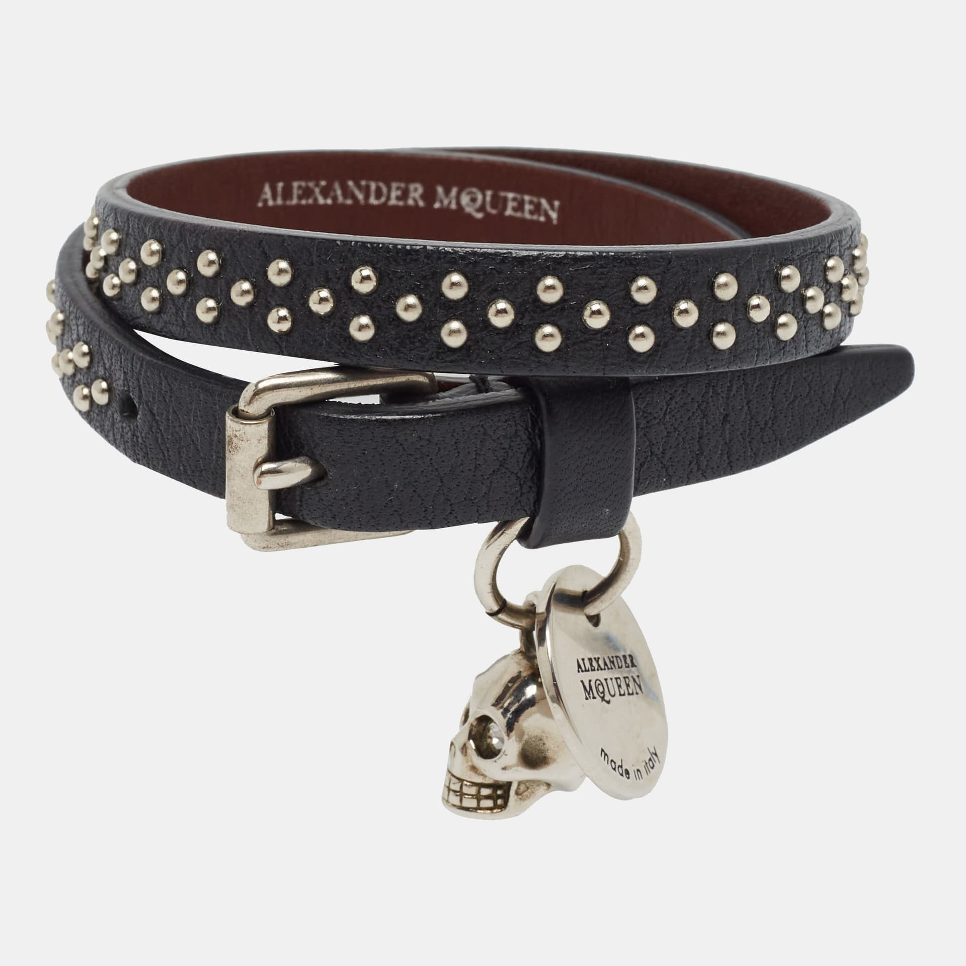 Alexander McQueen Studded Leather Skull Charm Silver Tone  Double Wrap Bracelet
