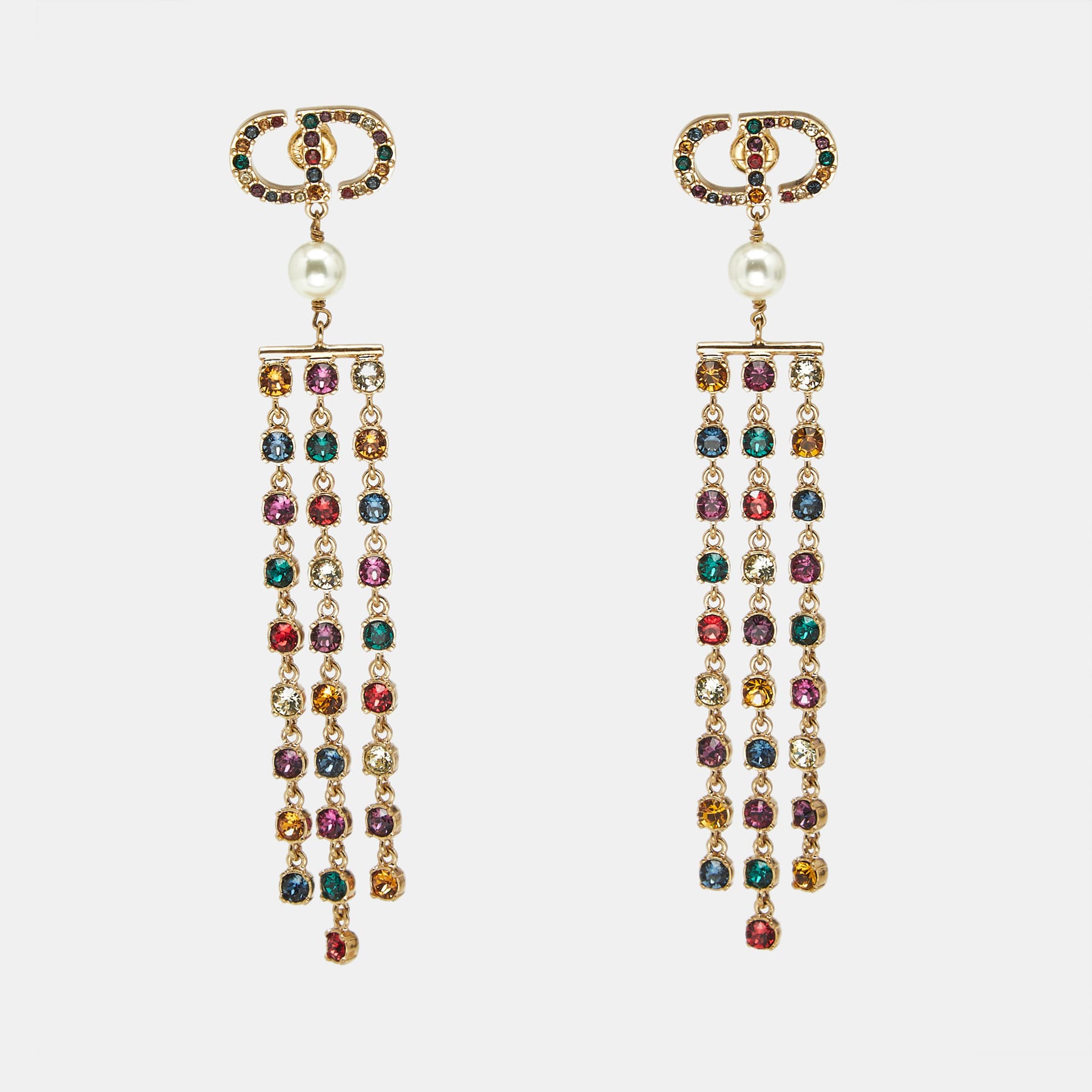 Dior CD Multicolor Crystal  Faux Pearl Gold Tone Fringe Drop Earrings