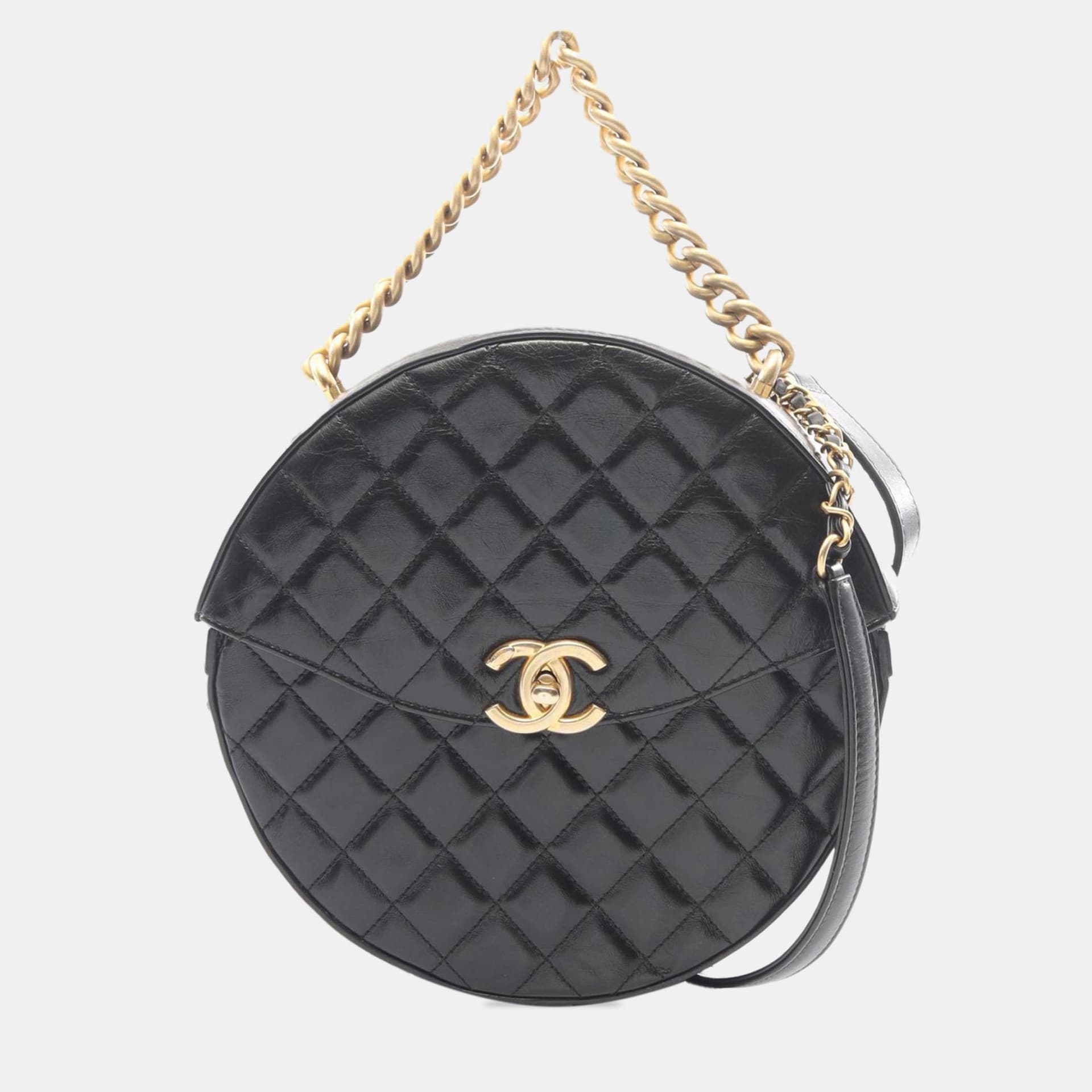 Chanel Black Quilted Round Single Flap Black Lambskin Crossbody Bag