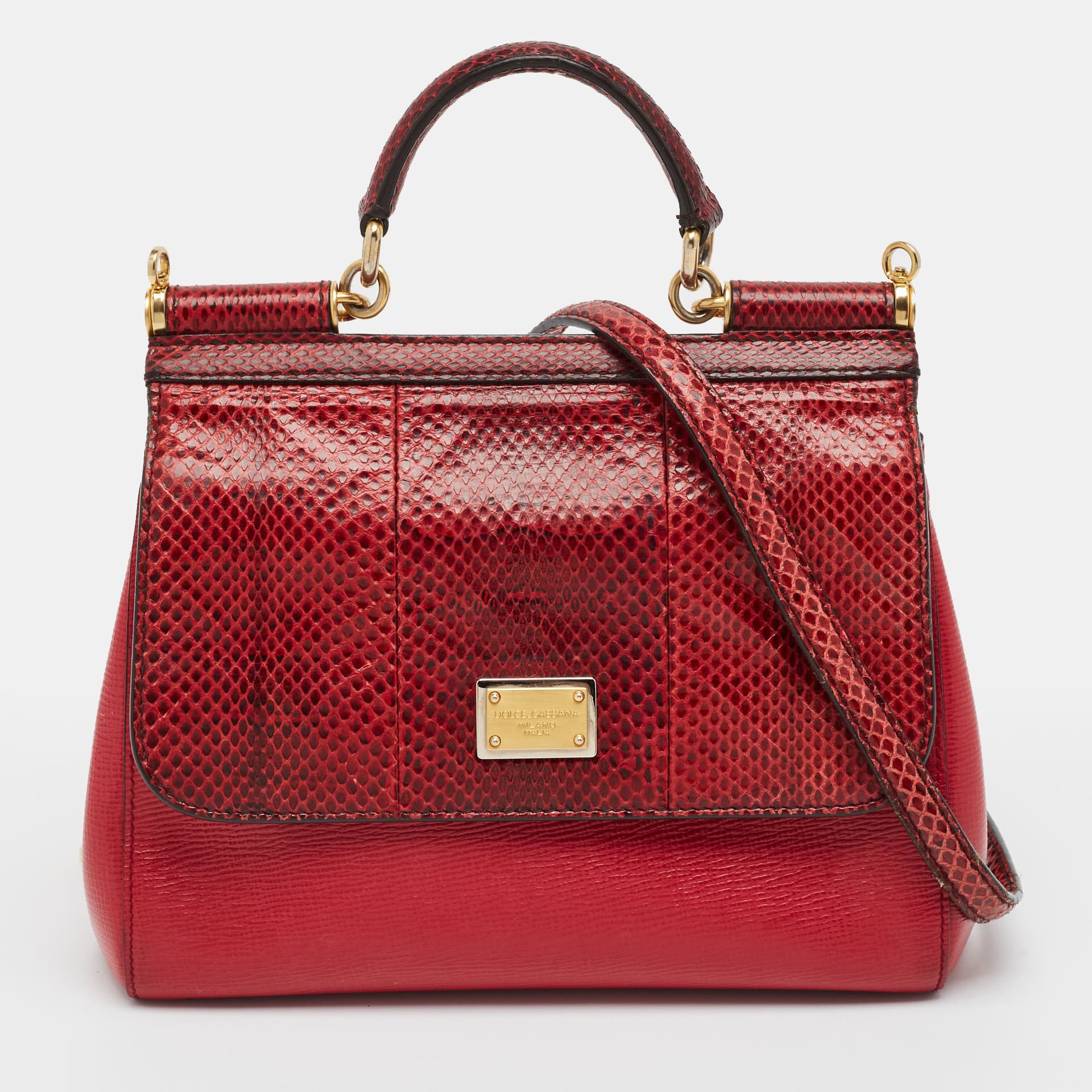 Dolce & Gabbana Miss Sicily Medium Red Snakeskin and Leather Top Handle Bag