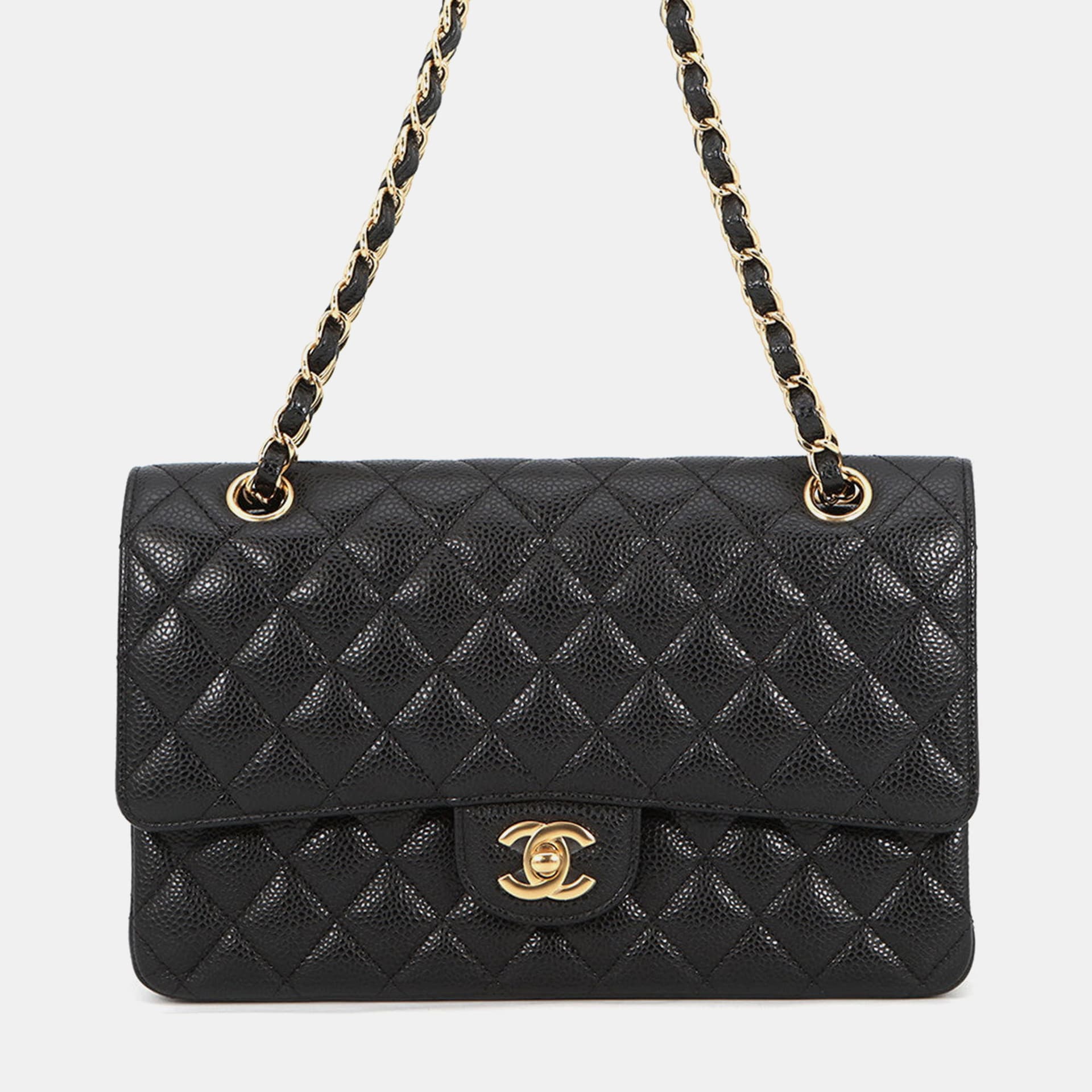 Chanel Matelasse W Flap Chain shoulder Bag Black Caviar Leather Size 25