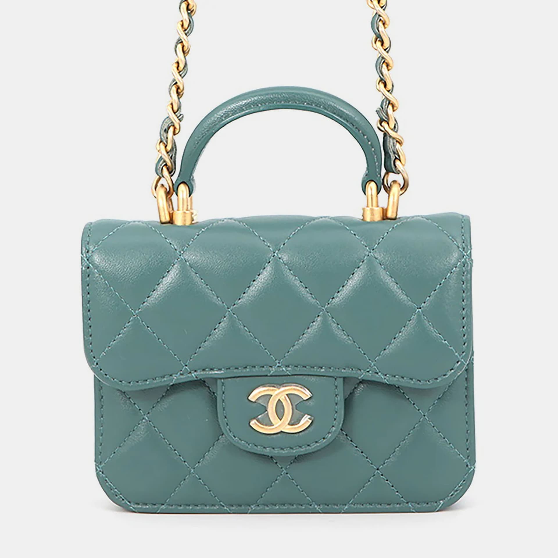 Chanel Mini Flap Bag Green Lambskin Leather Top Handle Bag