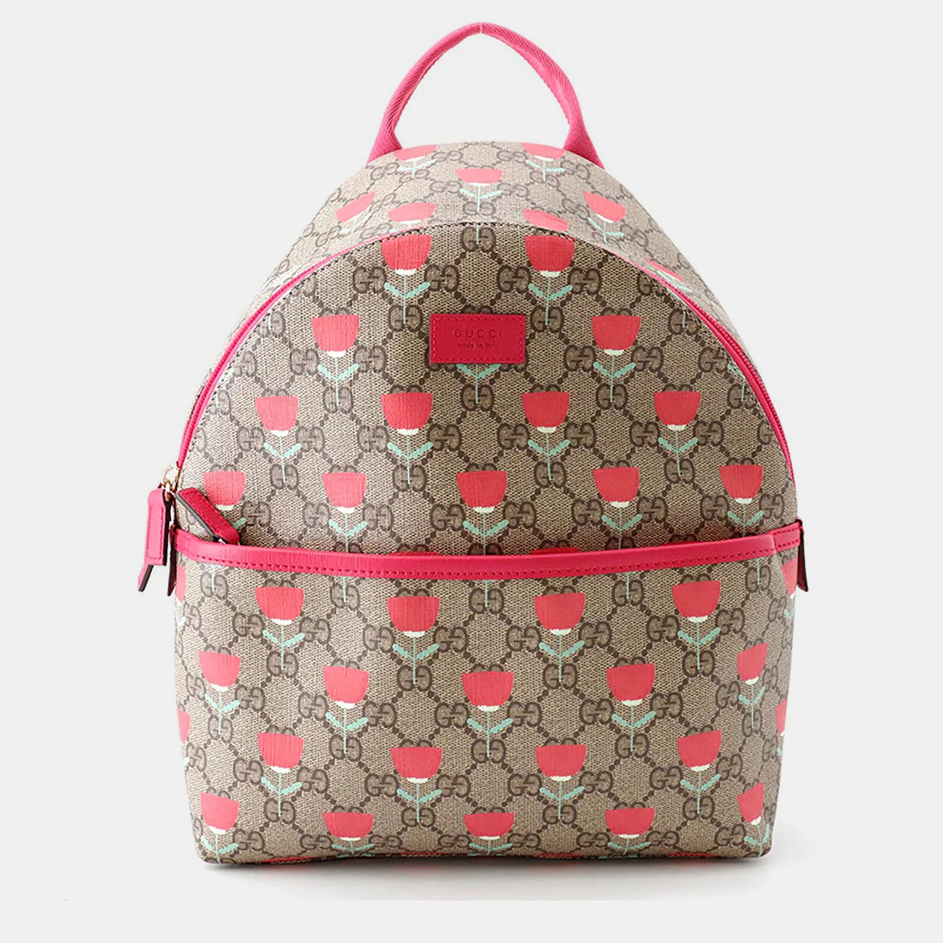Gucci Children's Mini Tulip Print GG Supreme Canvas Beige Pink Coated Canvas Leather Backpack Bag