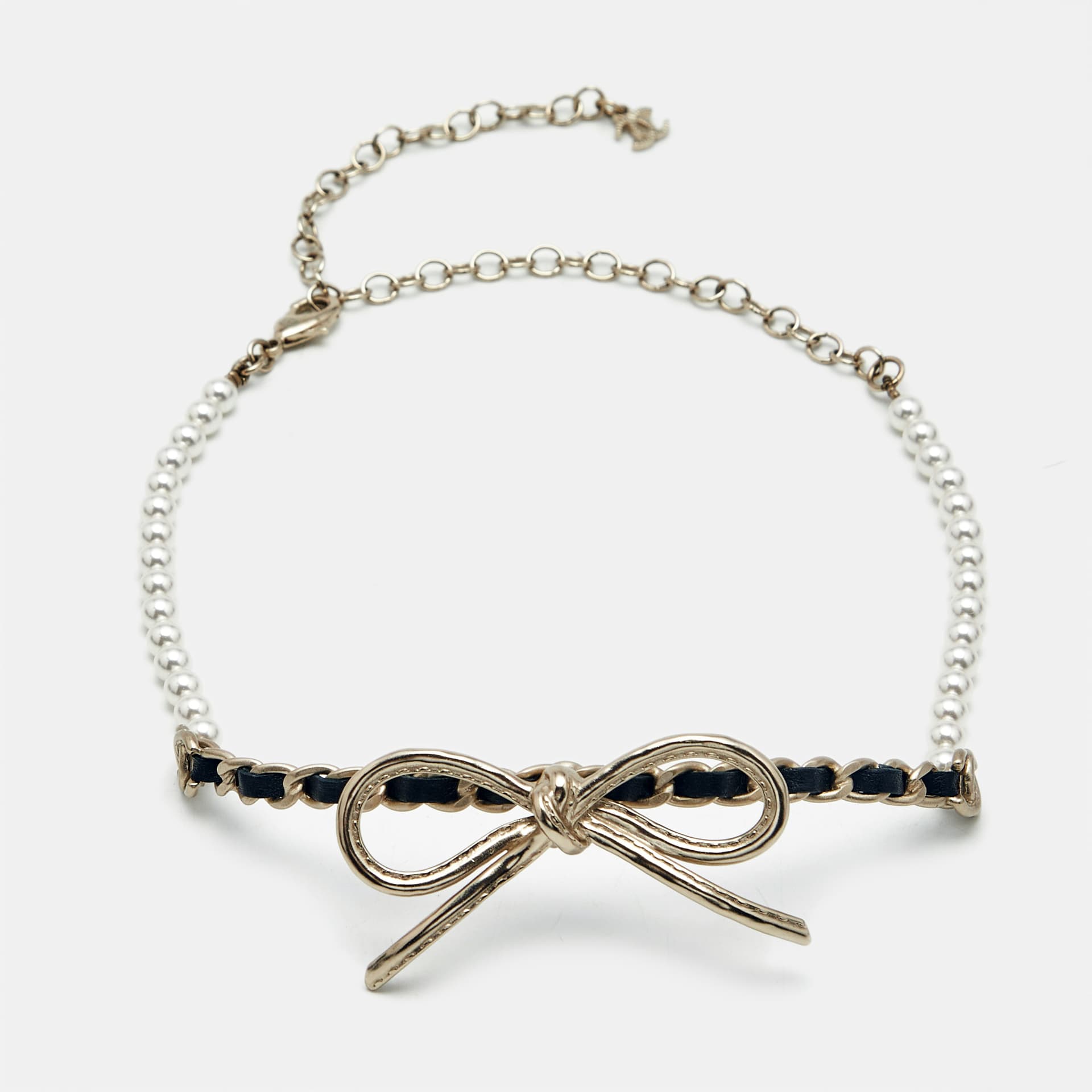 Chanel Bow Leather Faux Pearl Gold Tone Choker Necklace