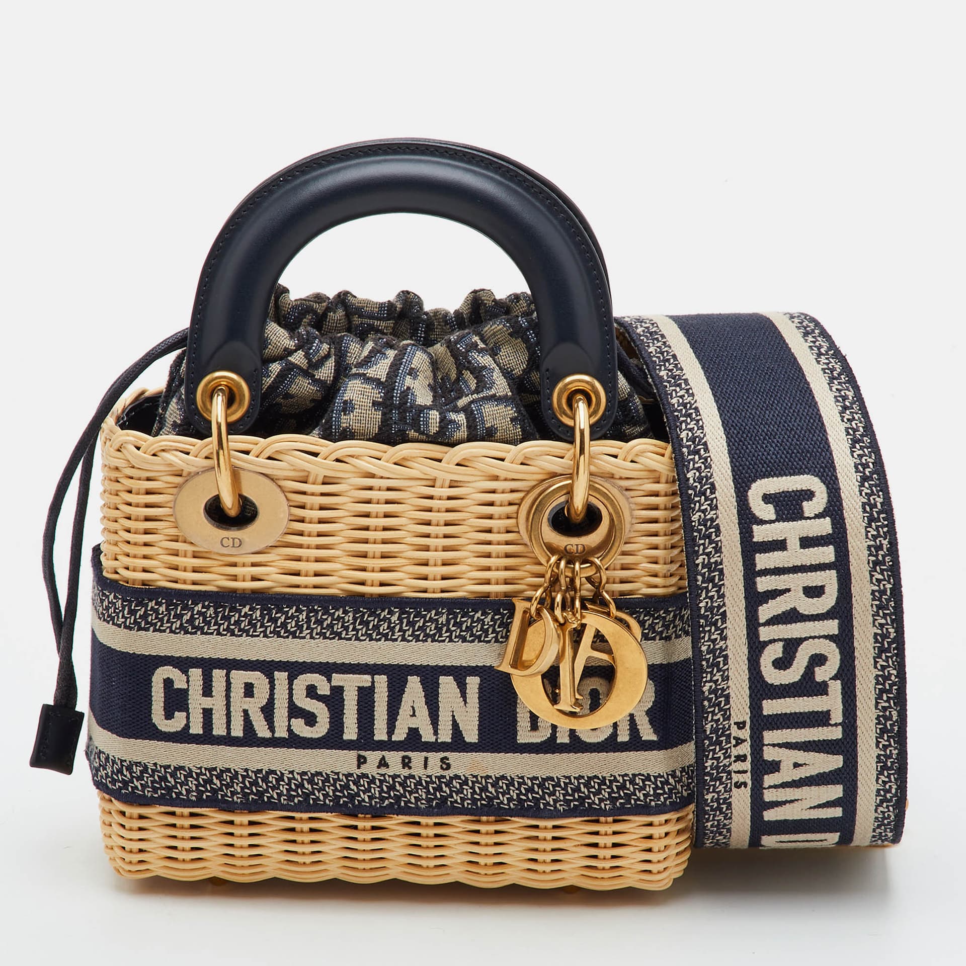 Dior Lady Dior Mini Beige/Navy Blue Wicker and Oblique Canvas Tote