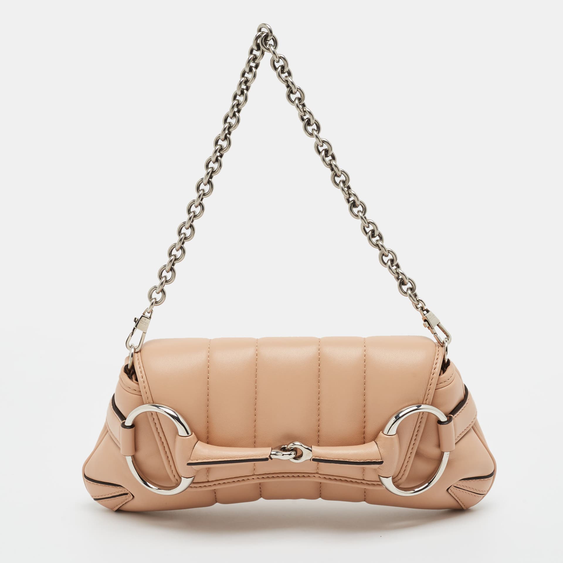 Gucci Maxi Horsebit Small Beige Vertical Matelass&eacute; Leather Shoulder Bag
