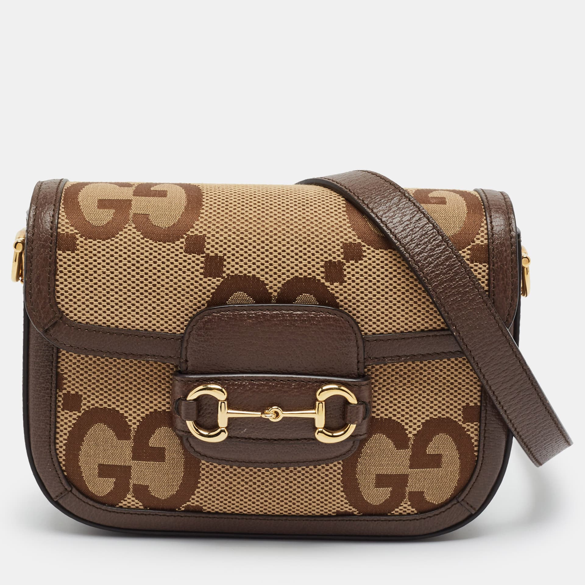 Gucci Horsebit 1955 Mini Beige/Brown Jumbo GG Canvas and Leather Shoulder Bag