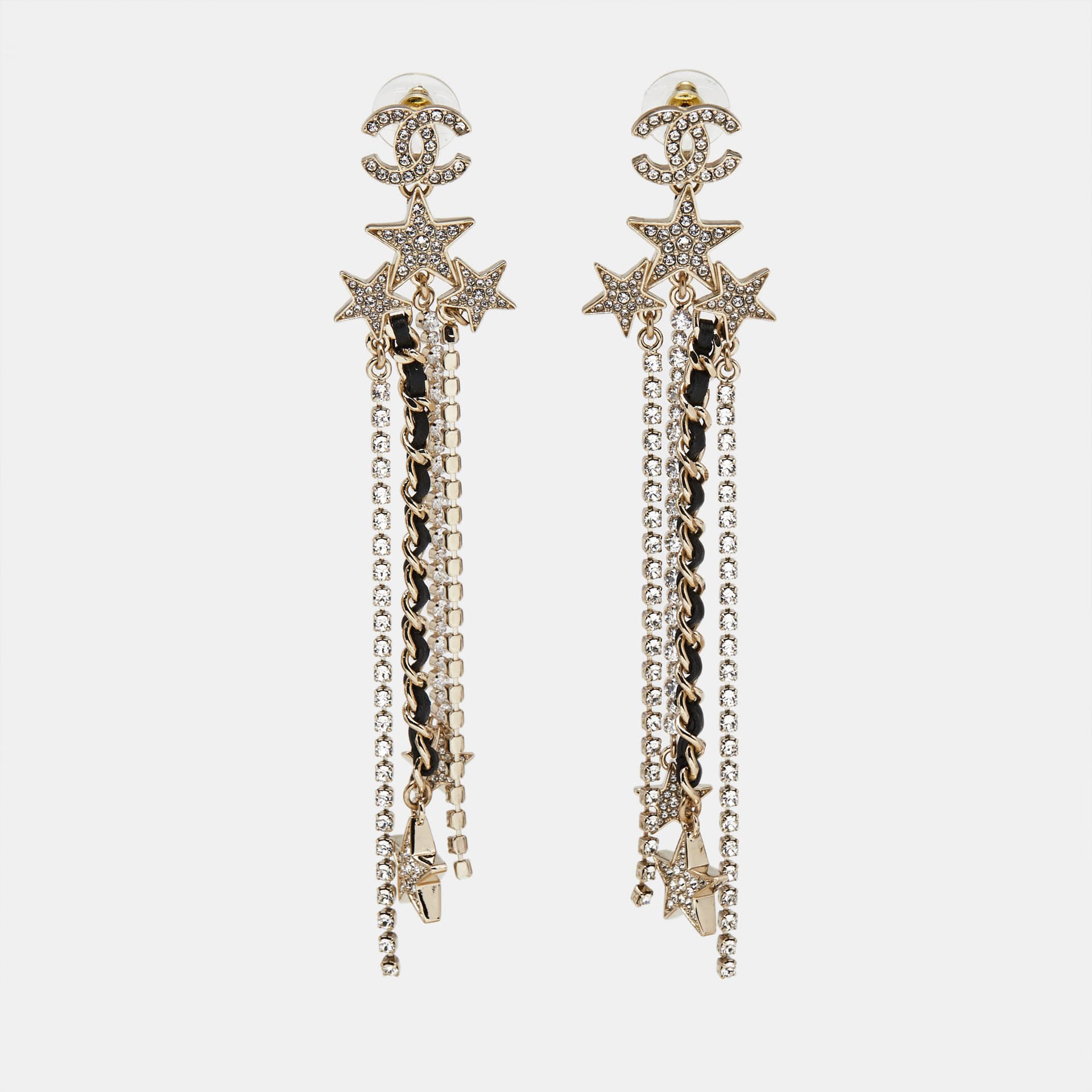 Chanel CC Star Crystals Leather Gold Tone Drop Earrings