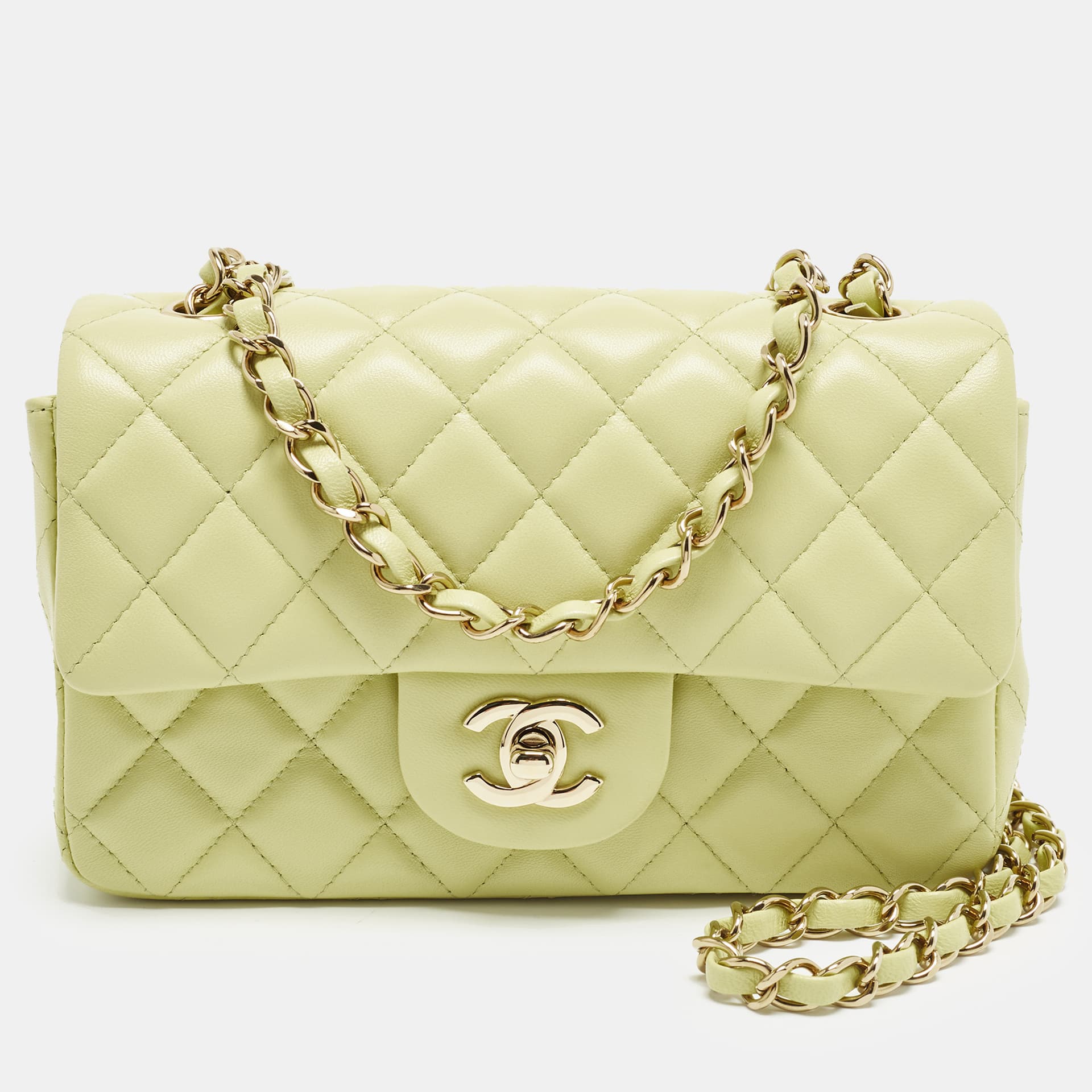Chanel Rectangular Single Flap Mini Light Green Quilted Leather Bag
