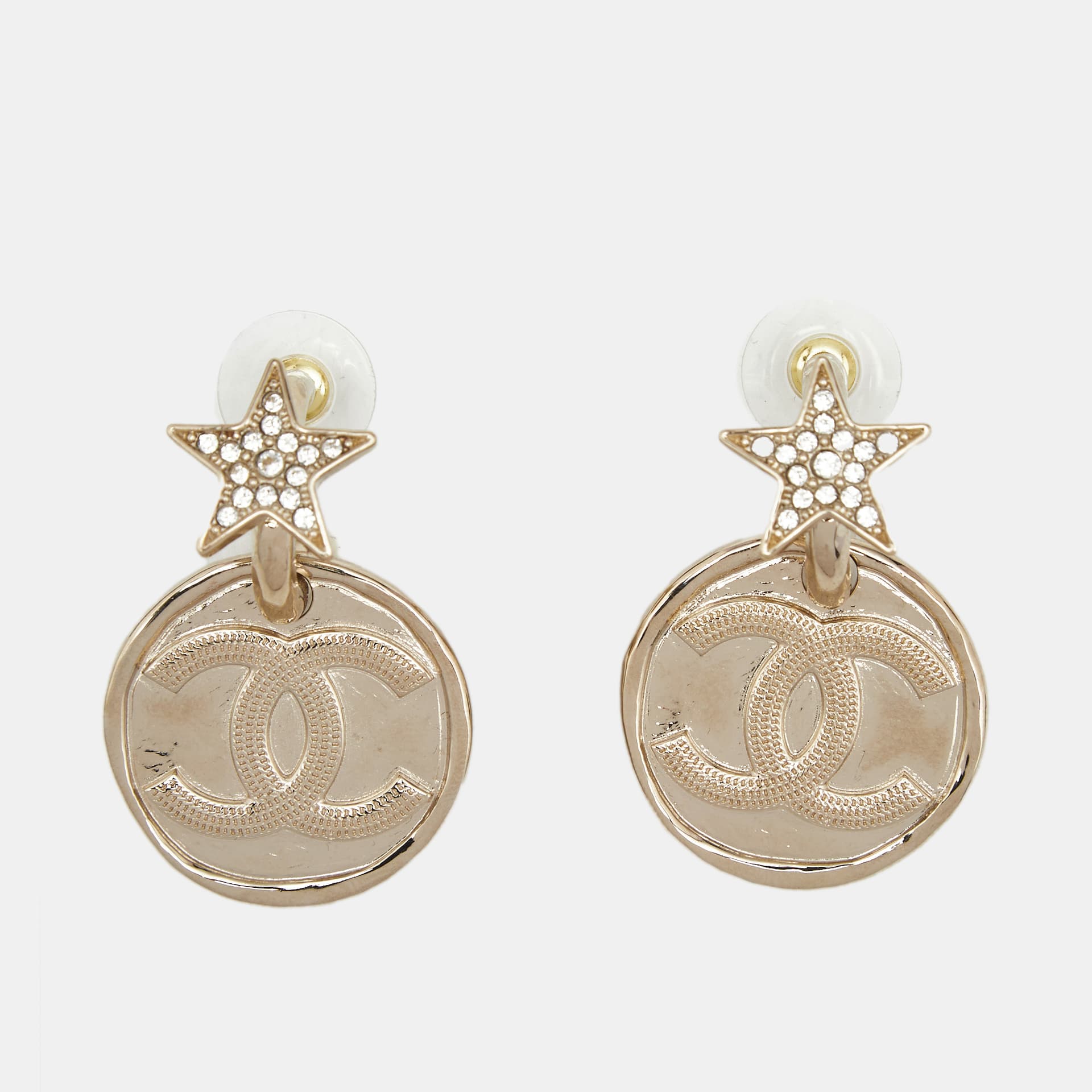 Chanel CC Star Crystals Gold Tone Earrings