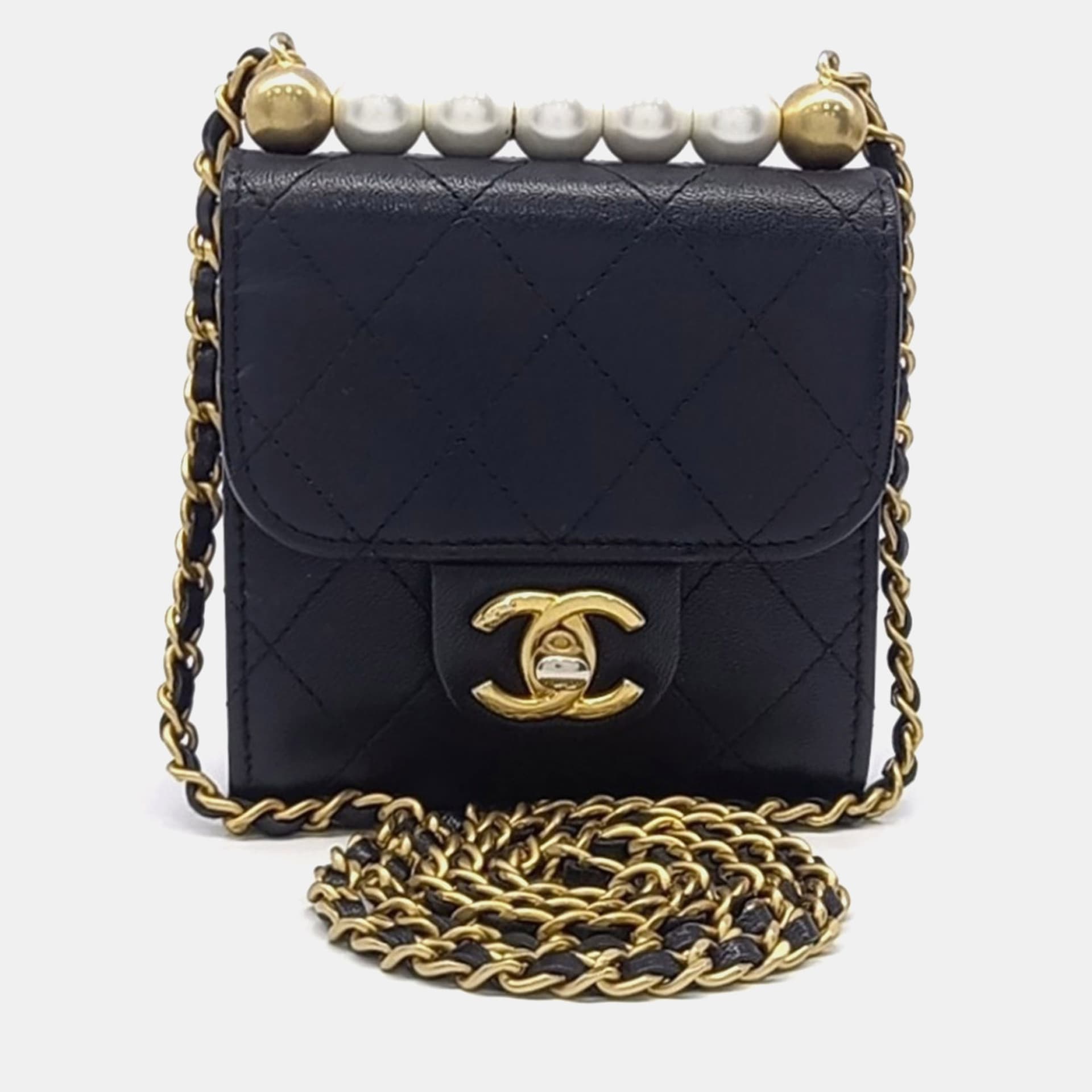 Chanel Pearl Chain Mini Black Quilted Lambskin Leather Crossbody Bag