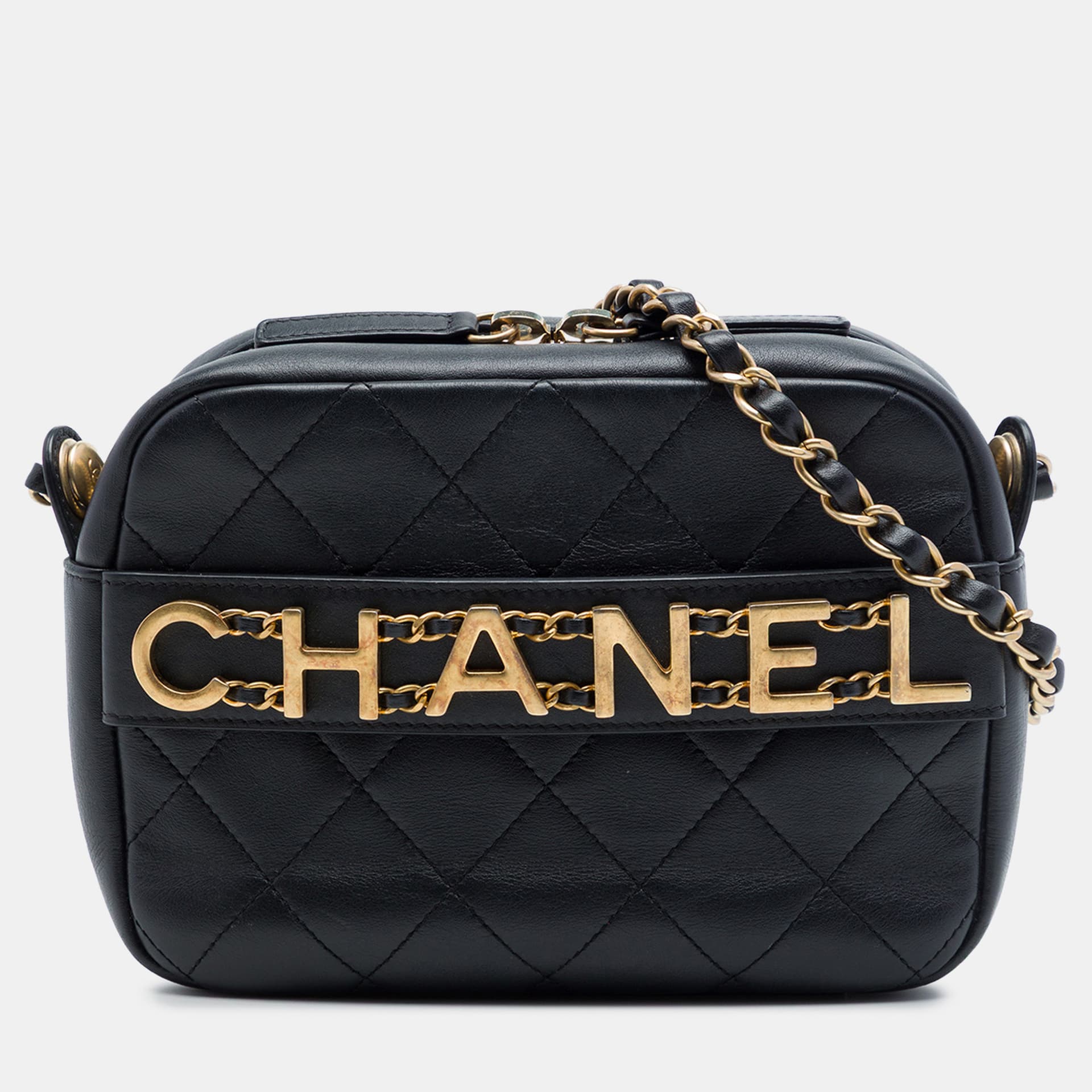 Chanel Logo Enchained Small Black Quilted Calfskin Camera Shoulder Bag