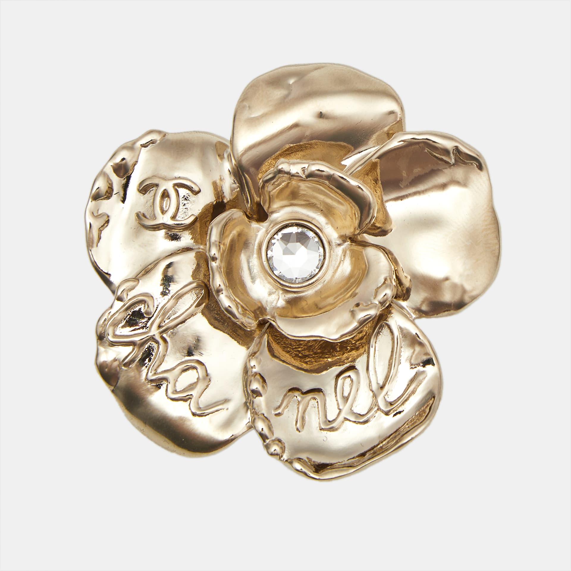 Chanel Script Logo Camellia Flower Crystals Gold Tone Brooch