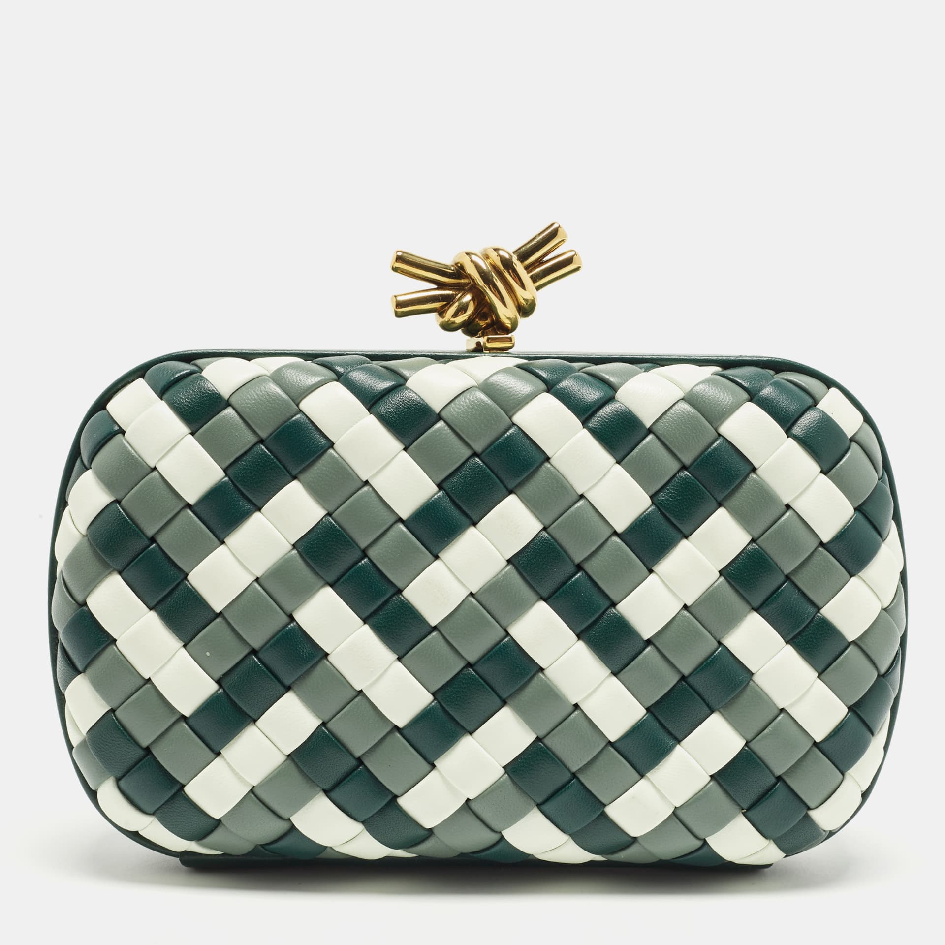 Bottega Veneta Knot Green/White Intrecciato Leather Clutch