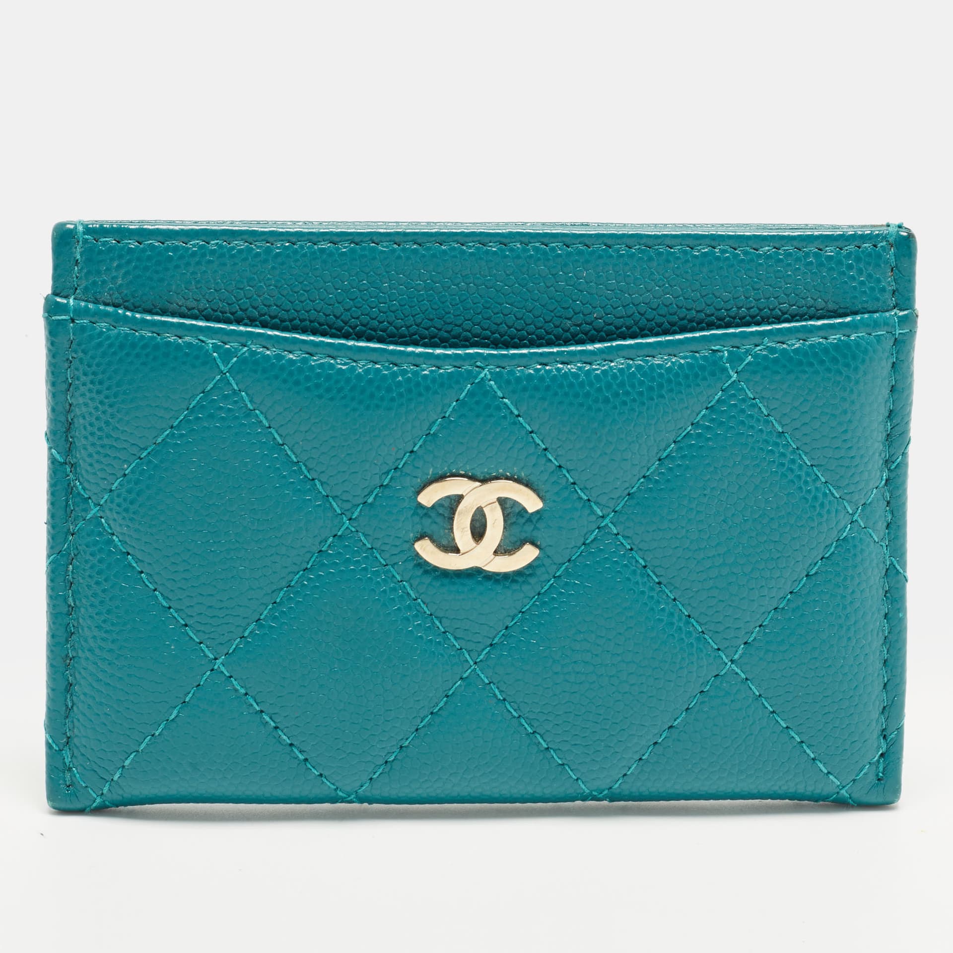 Chanel Green Quilted Caviar Leather Card Holder