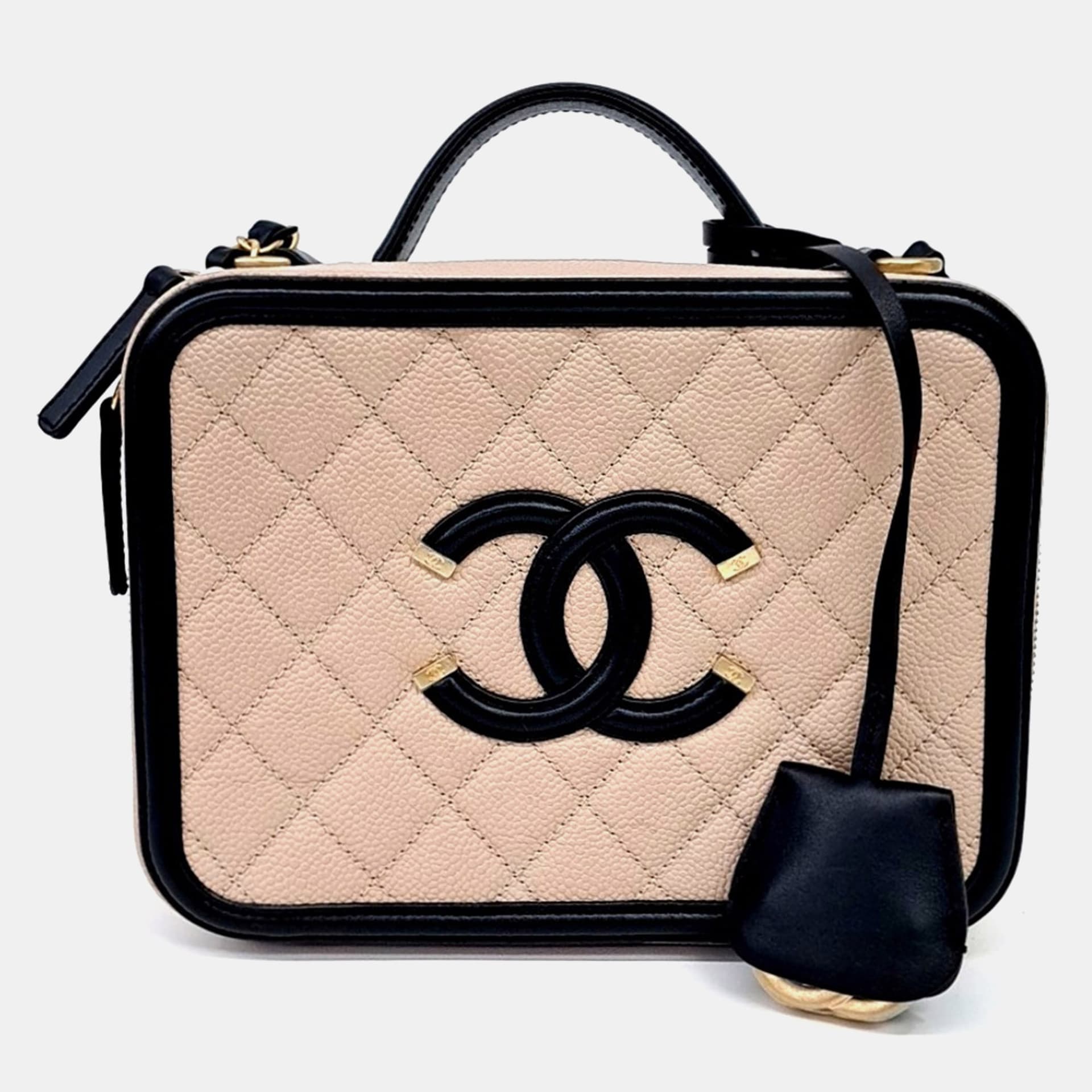 Chanel Beige Black Caviar Cosmetic Tote and Shoulder Bag A93343