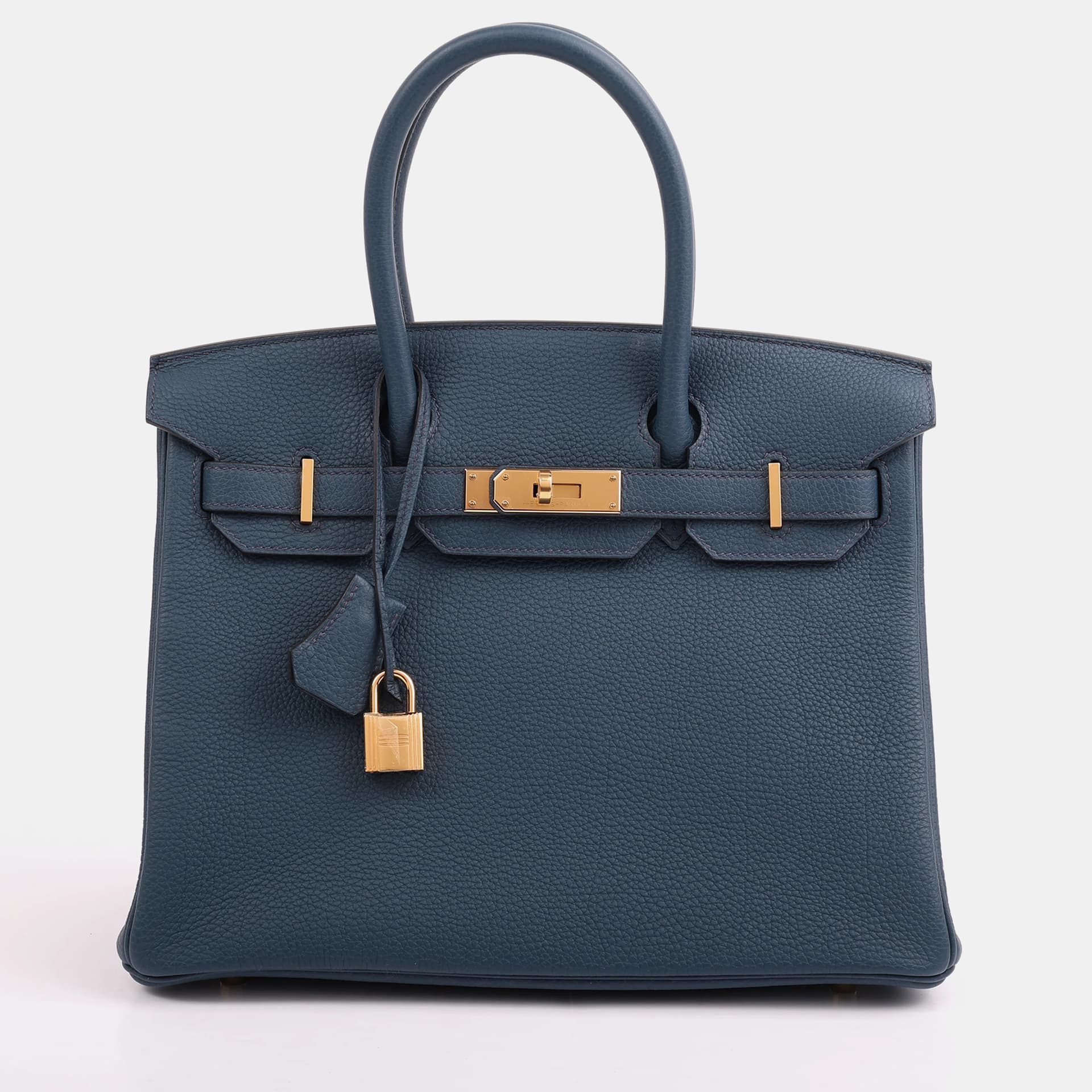 Hermes Birkin 30 Bleu de Prusse Togo Calfskin Leather Top Handle Bag