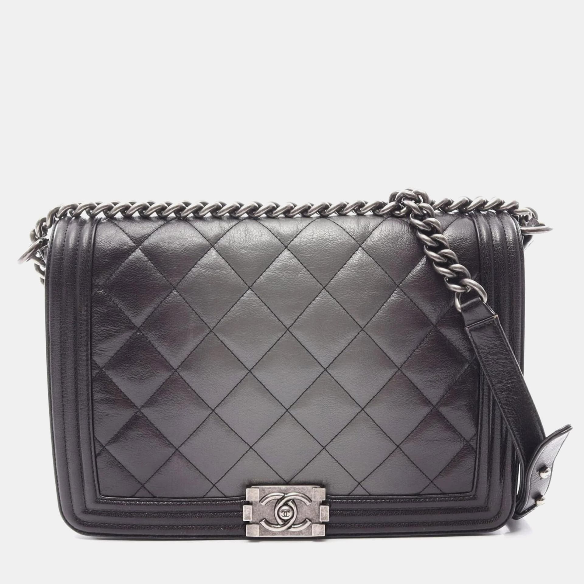 Chanel Boy Large Black Gray Gradient Matelasse Calfskin Leather Shoulder Bag