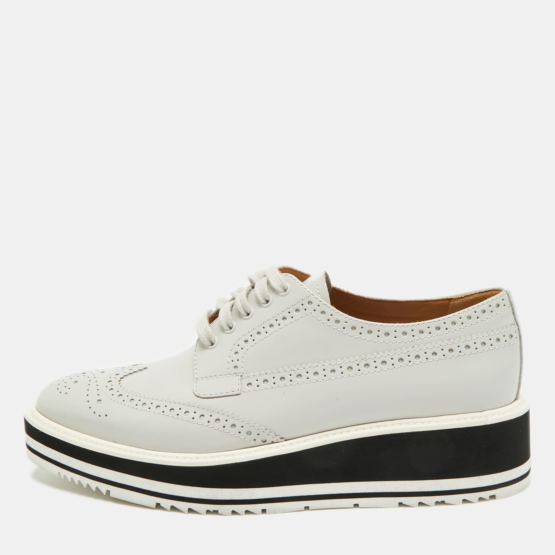 Prada Size 39 Light Grey Leather Lace Up Wingtip Brogue Derby
