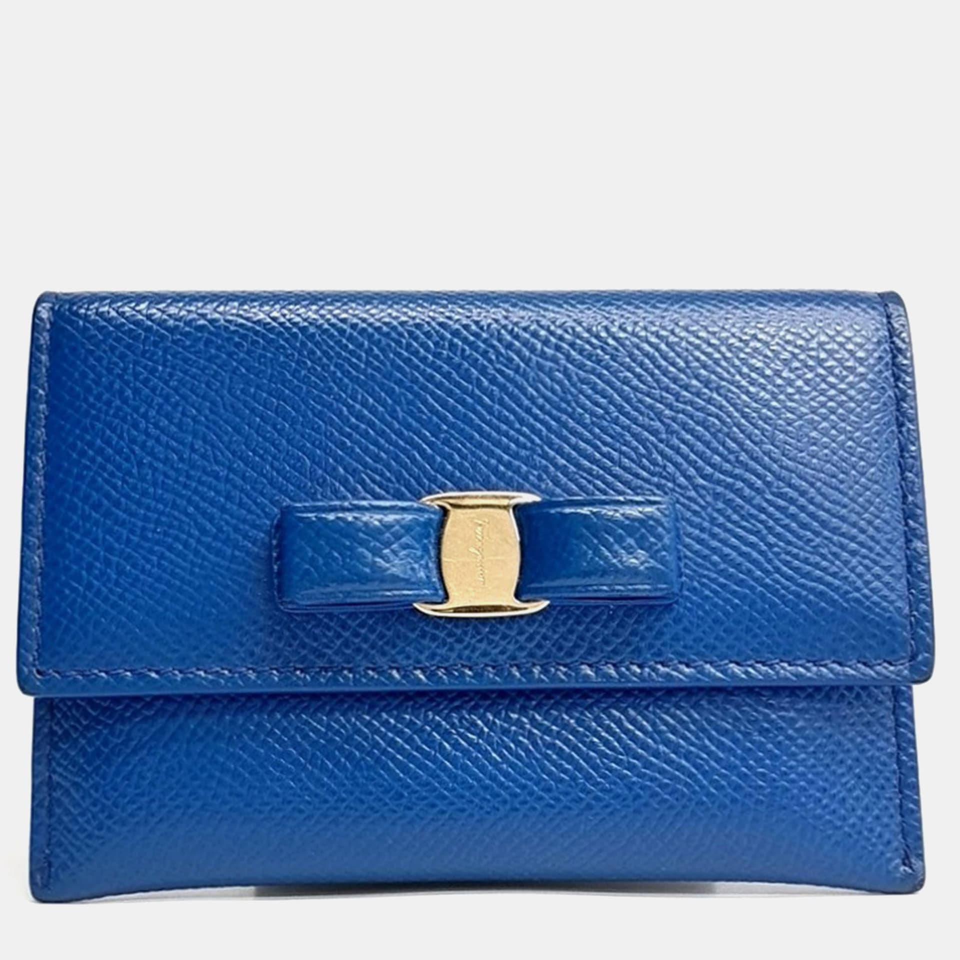 Salvatore Ferragamo Vara Blue Grained Leather Card Holder Bag