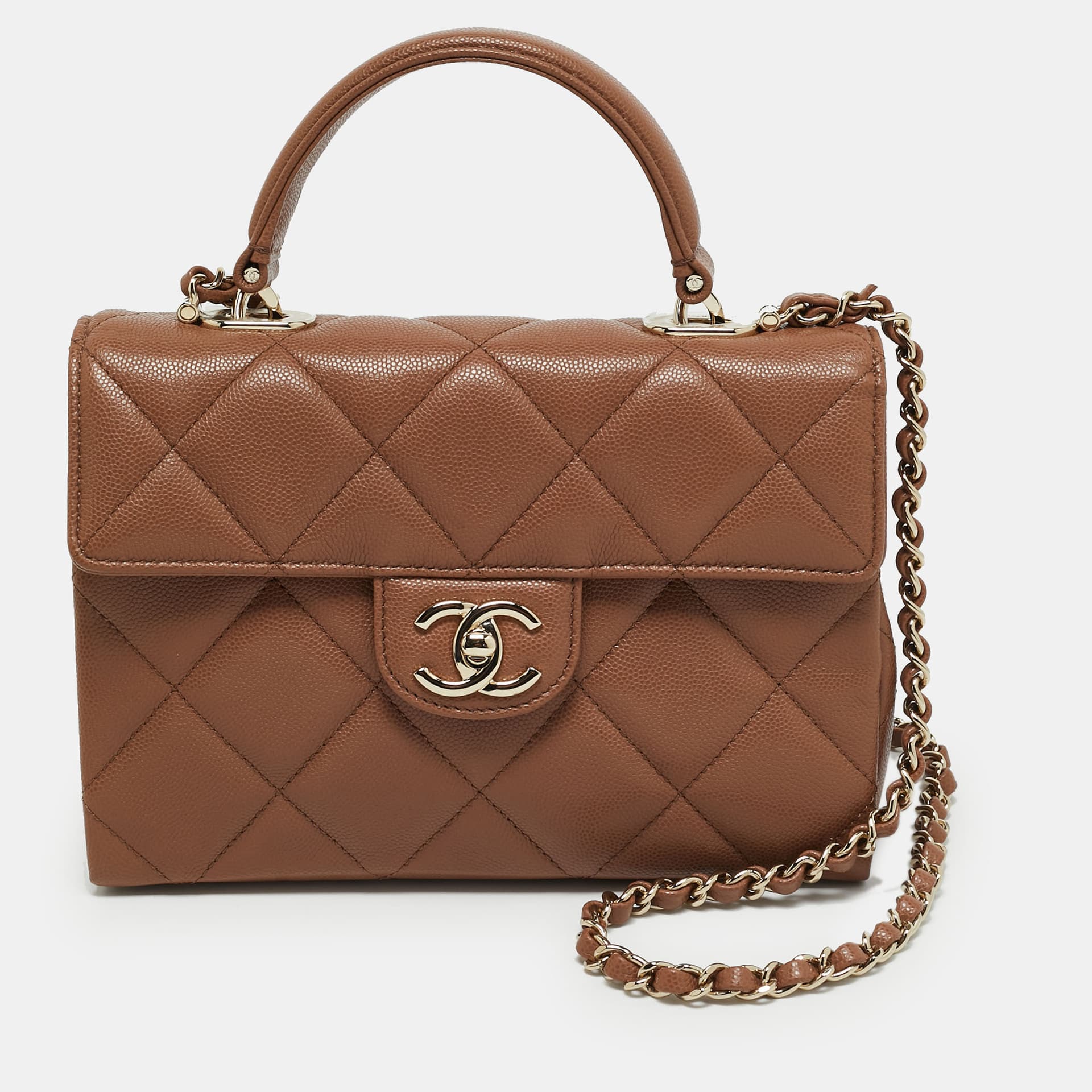 Chanel Brown Quilted Shiny Caviar Leather Top Handle Bag
