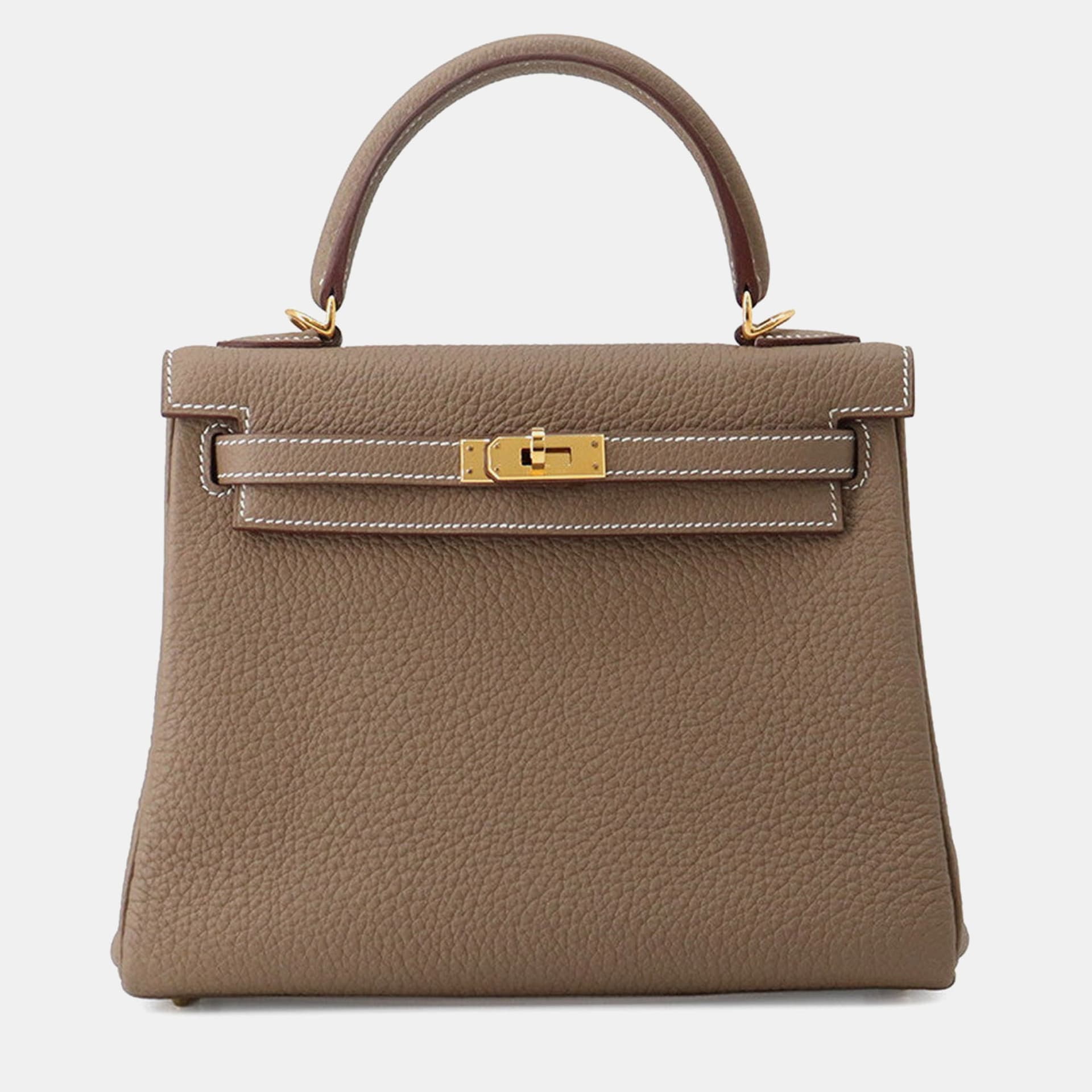 Hermes Kelly Retourne 25 Etoupe Togo Calfskin Leather Top Handle Bag