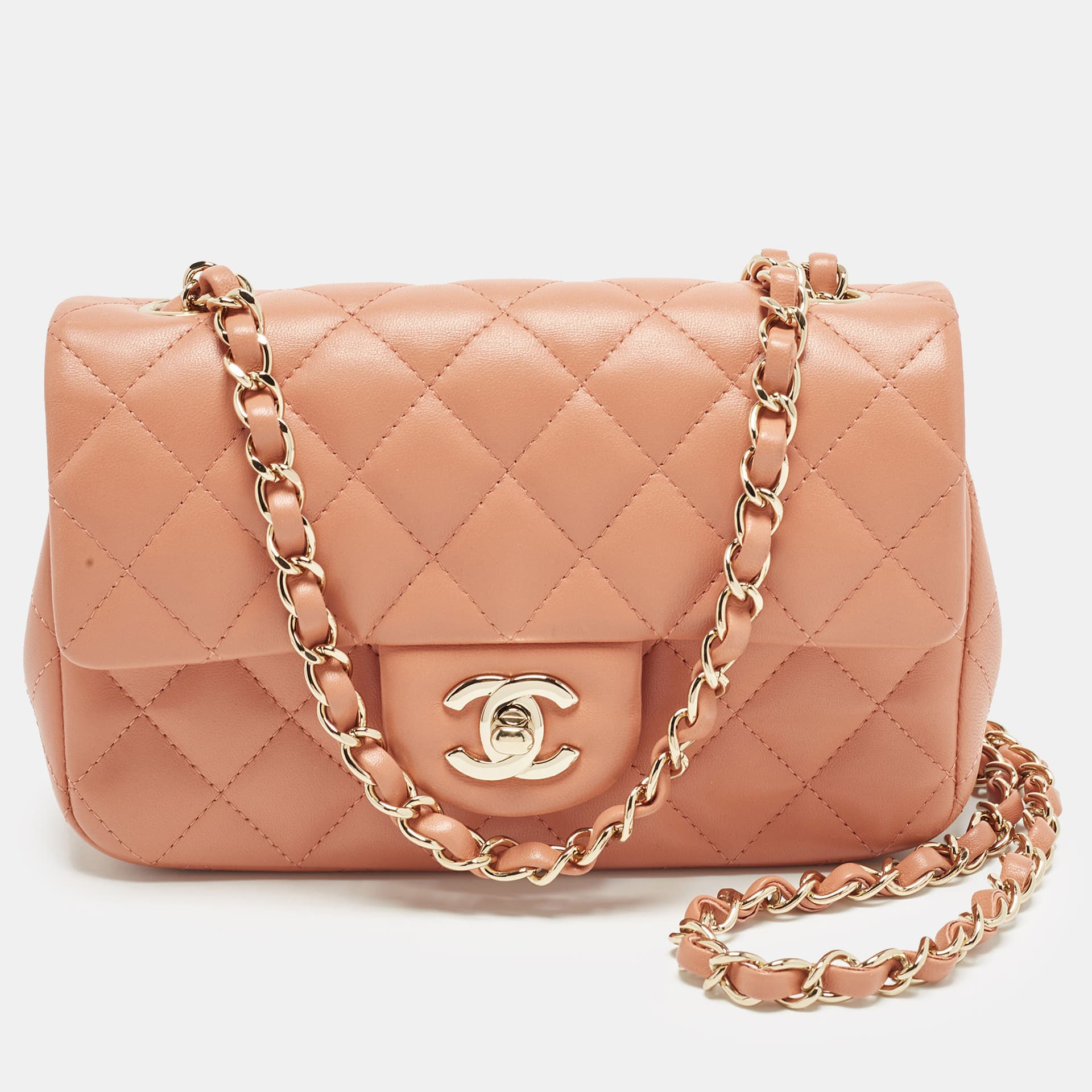 Chanel Rectangular Flap Mini Peach Pink Quilted Leather Shoulder Bag