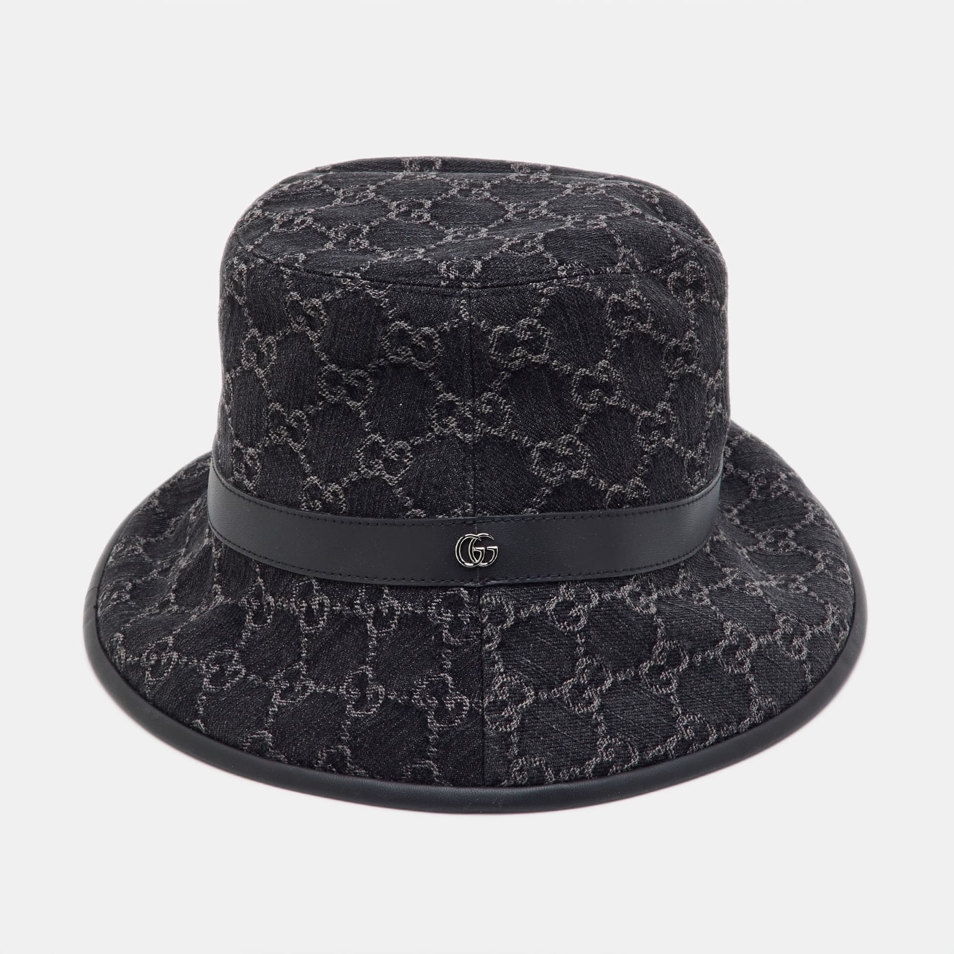 Gucci Black Leather Detail GG Denim Bucket Hat L/58 cm