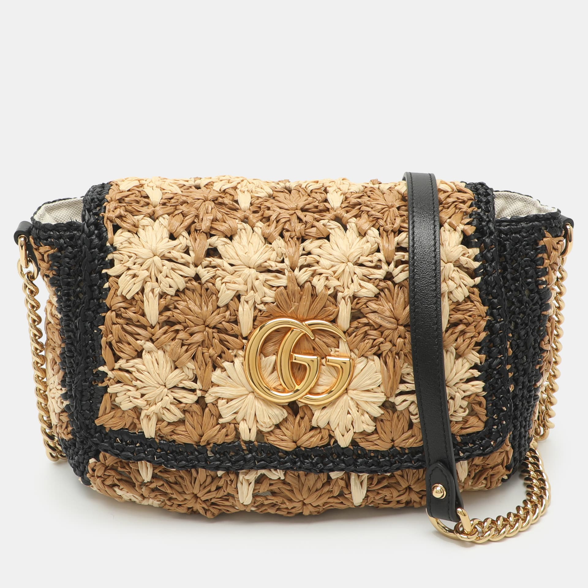 Gucci GG Marmont Multicolor Crochet Straw and Leather Shoulder Bag