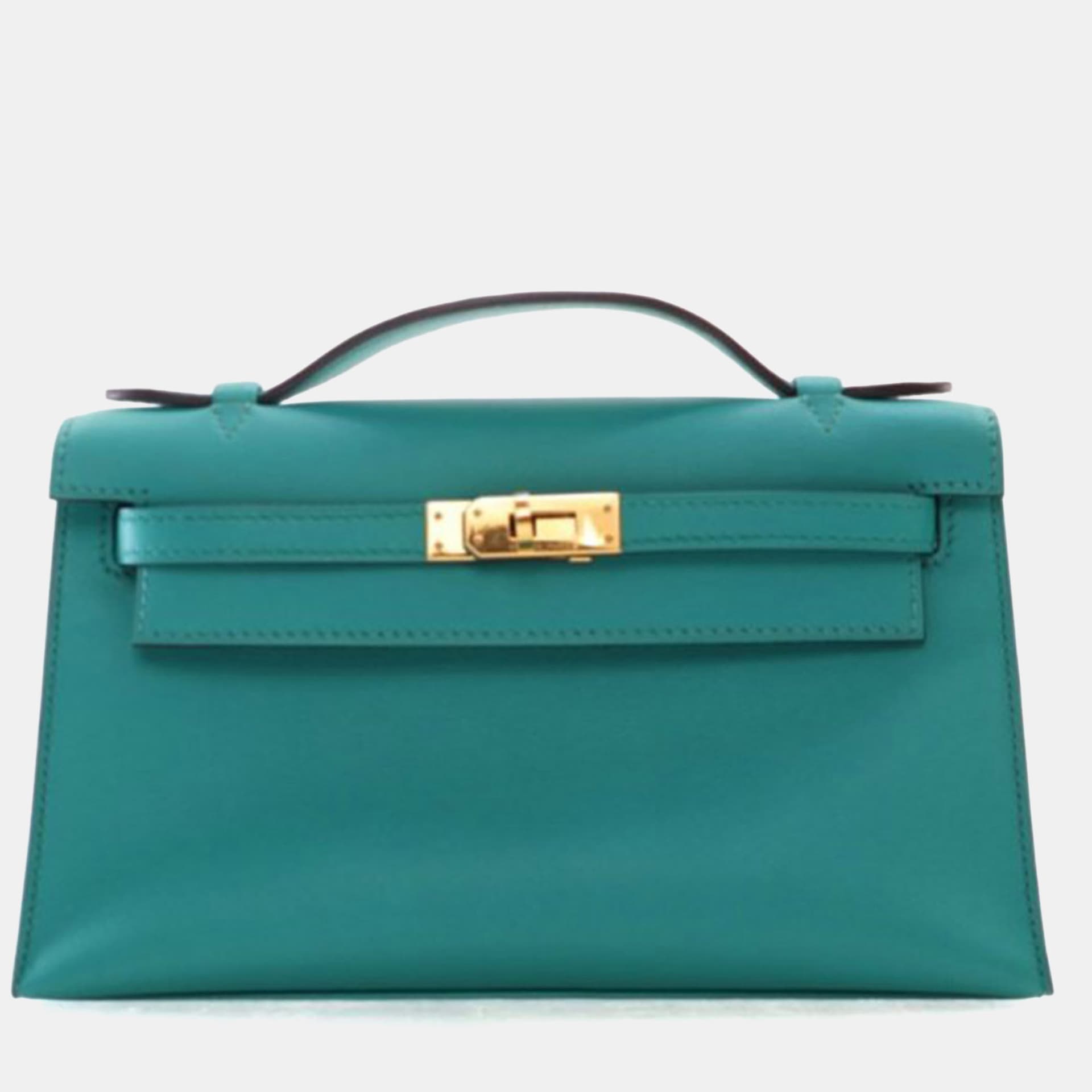 Hermes Kelly Pochette Bleu Paon Swift Calfskin Leather Clutch Bag