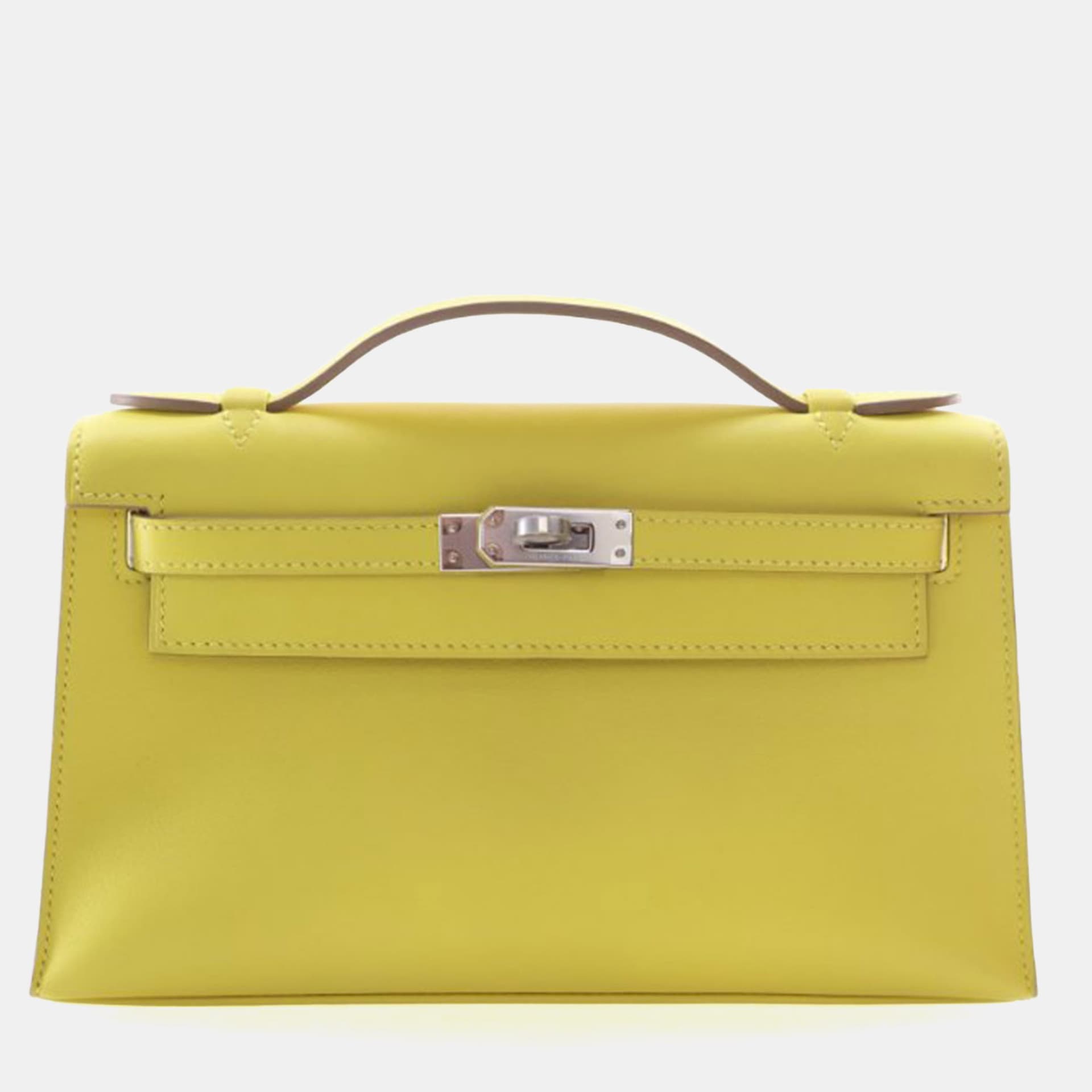 Hermes Kelly Pochette Jaune Citron Swift Calfskin Leather Clutch Bag