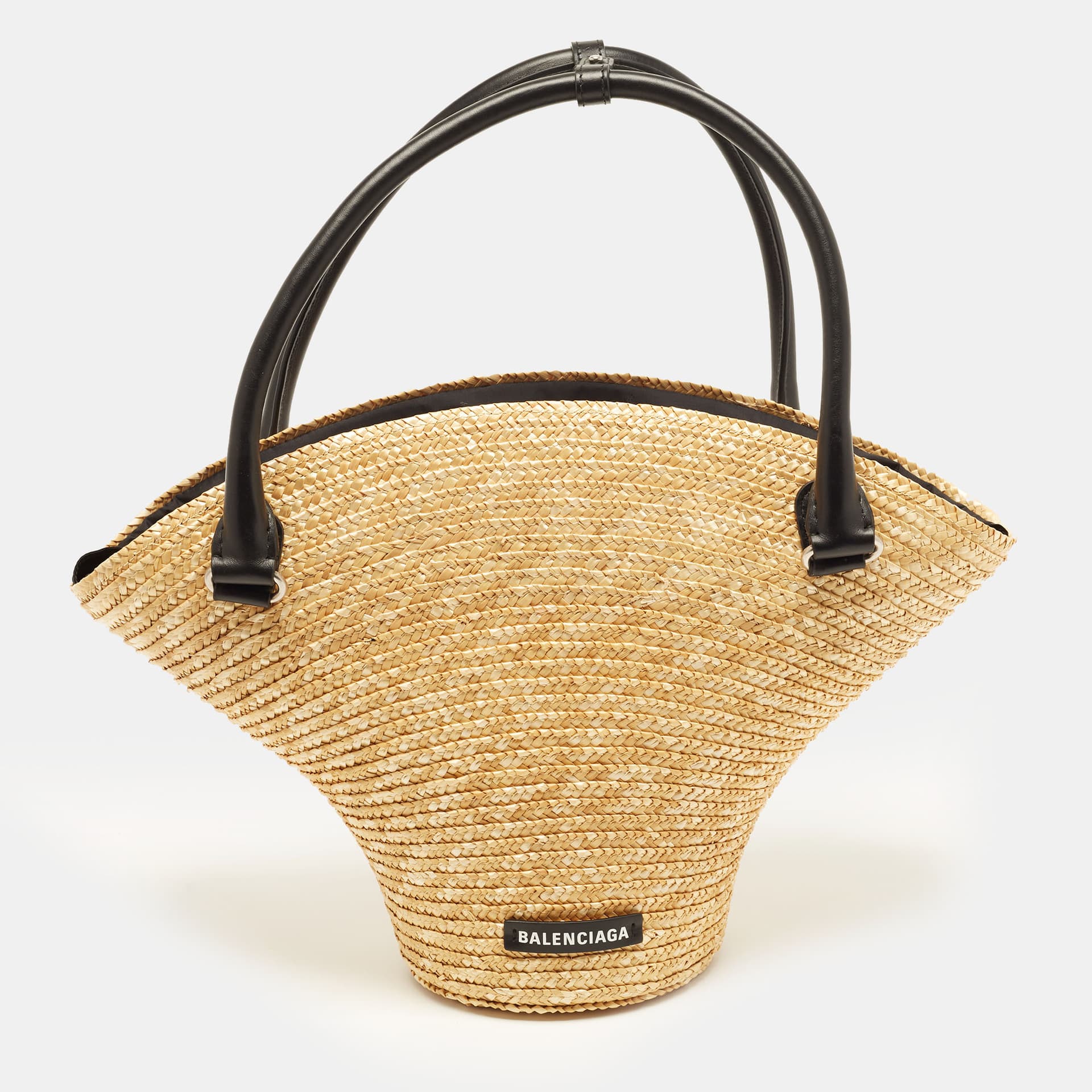 Balenciaga Basket Beach Black/Cream Leather and Raffia Tote