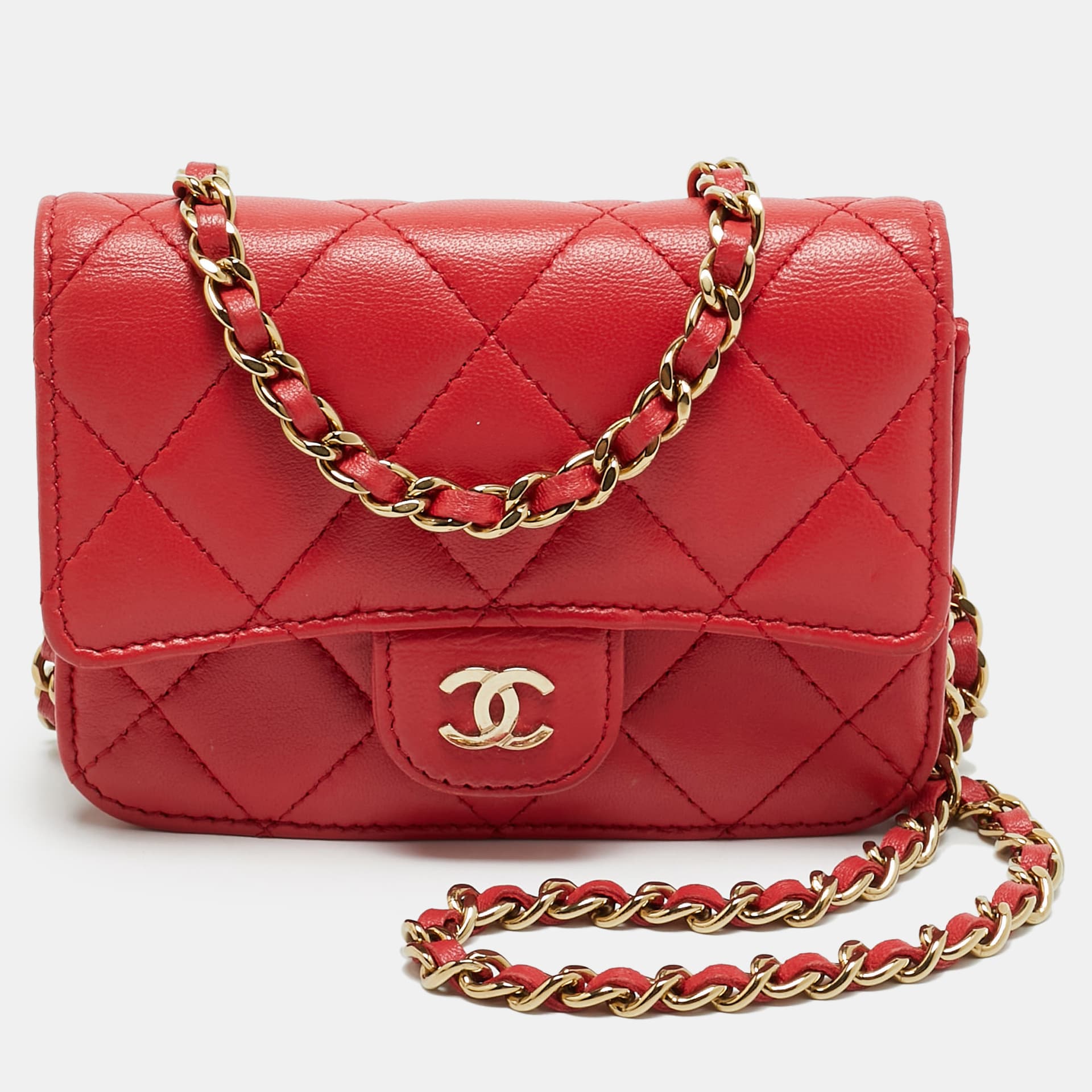 Chanel Classic Flap Red Quilted Leather Clutch With Chain